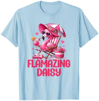 Flamazing Daisy Pink Flamingo Tropical Beach Scene Women's T-Shirt - T-Shirt | Light Blue