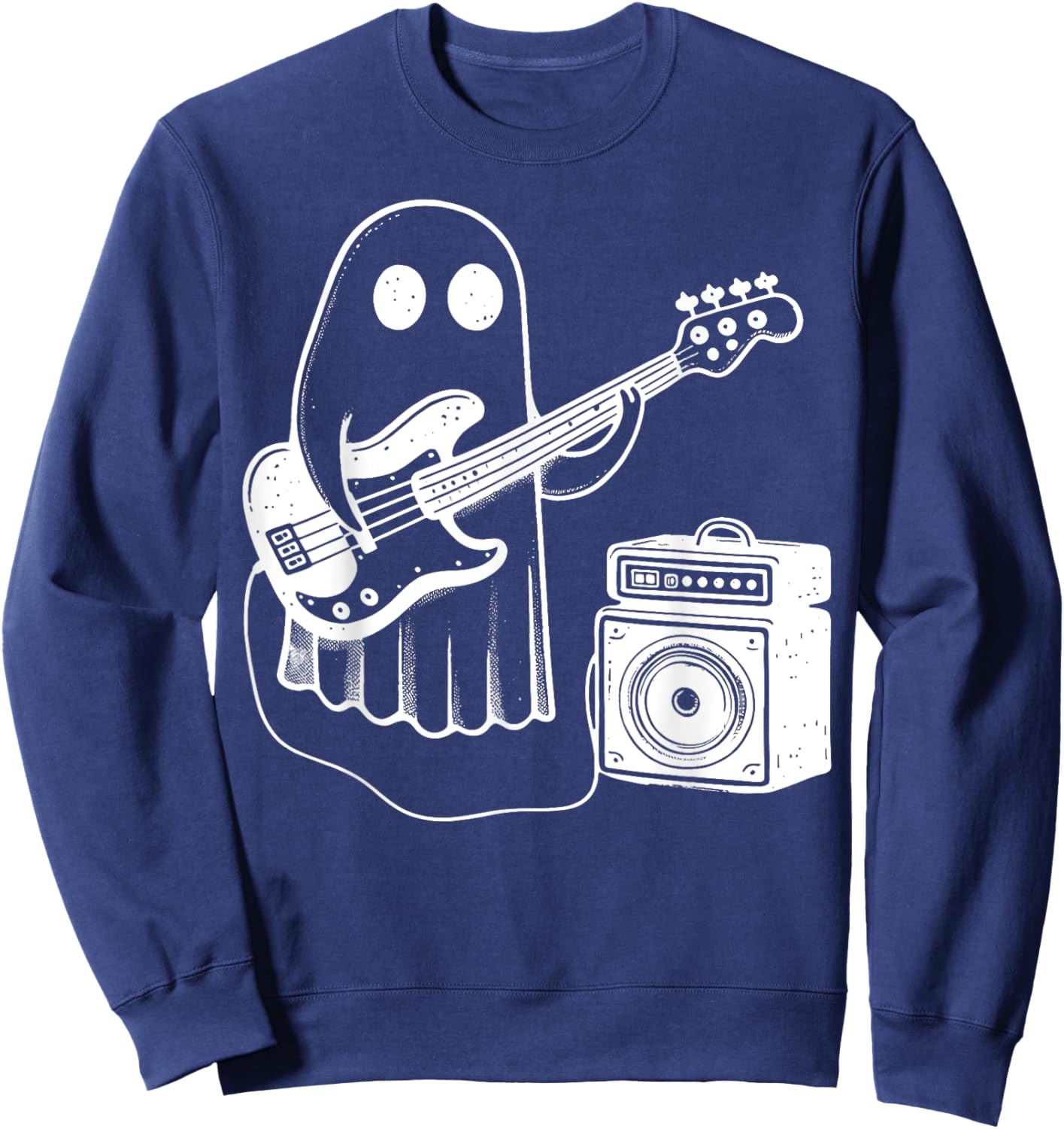 Ghost Playing Electric Bass Guitar Funny Halloween Musician Sweatshirt - Sweatshirt | Navy