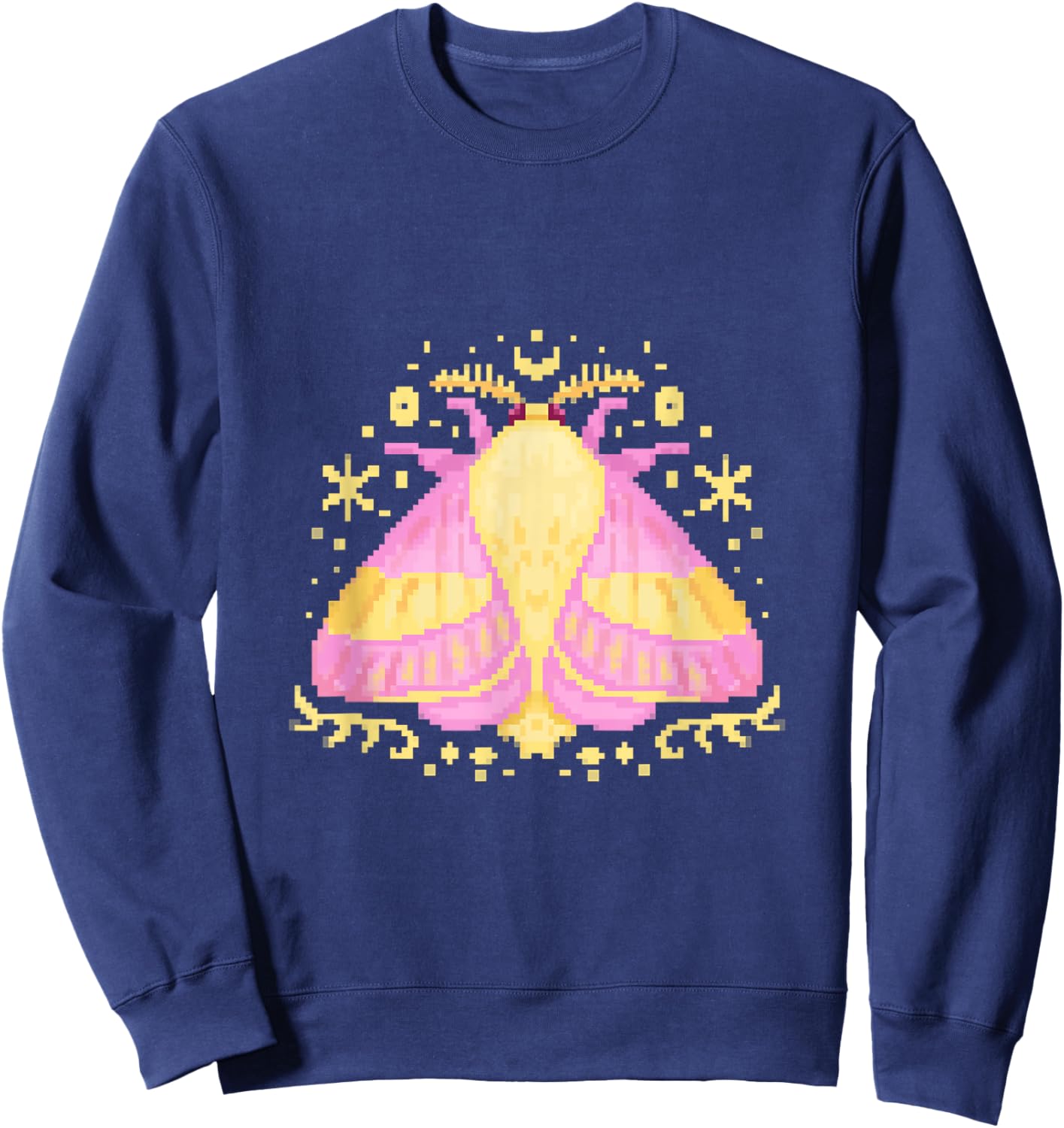 Rosy Pink Yellow Maple Moth Bug Butterfly PixelArt Sweatshirt - Sweatshirt | Navy