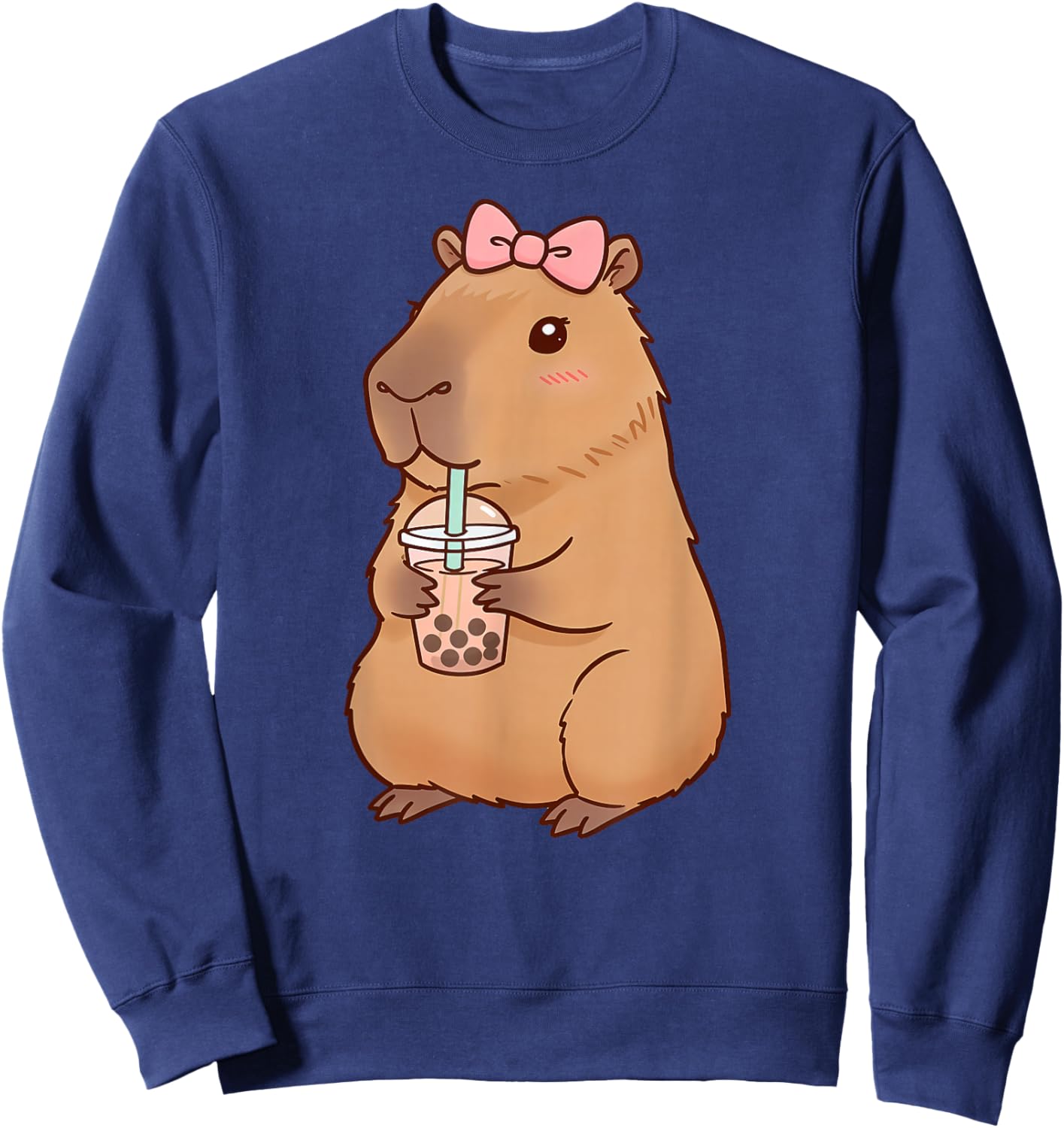Kawaii Anime Capybara Drinking Boba Bubble Tea Kids Girls Sweatshirt - Sweatshirt | Navy