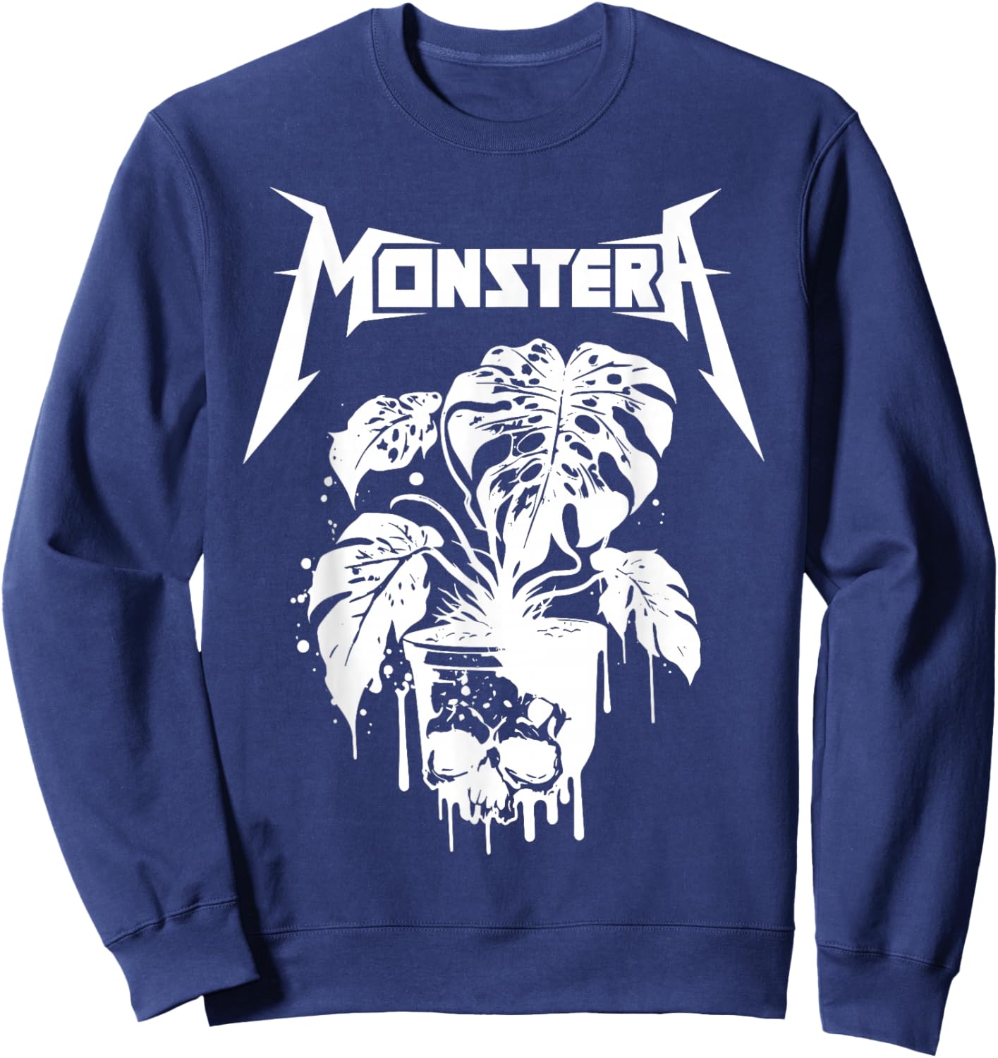 Monstera Funny Skull Plant Lover Grunge Gardener Metal Skull Sweatshirt - Sweatshirt | Navy