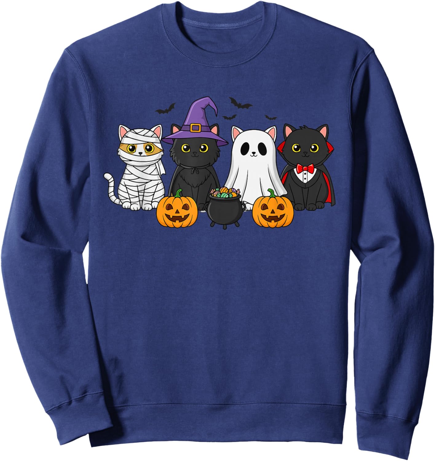 Mummy Witch Ghost Vampire Costume Group of Cats Halloween Sweatshirt - Sweatshirt | Navy