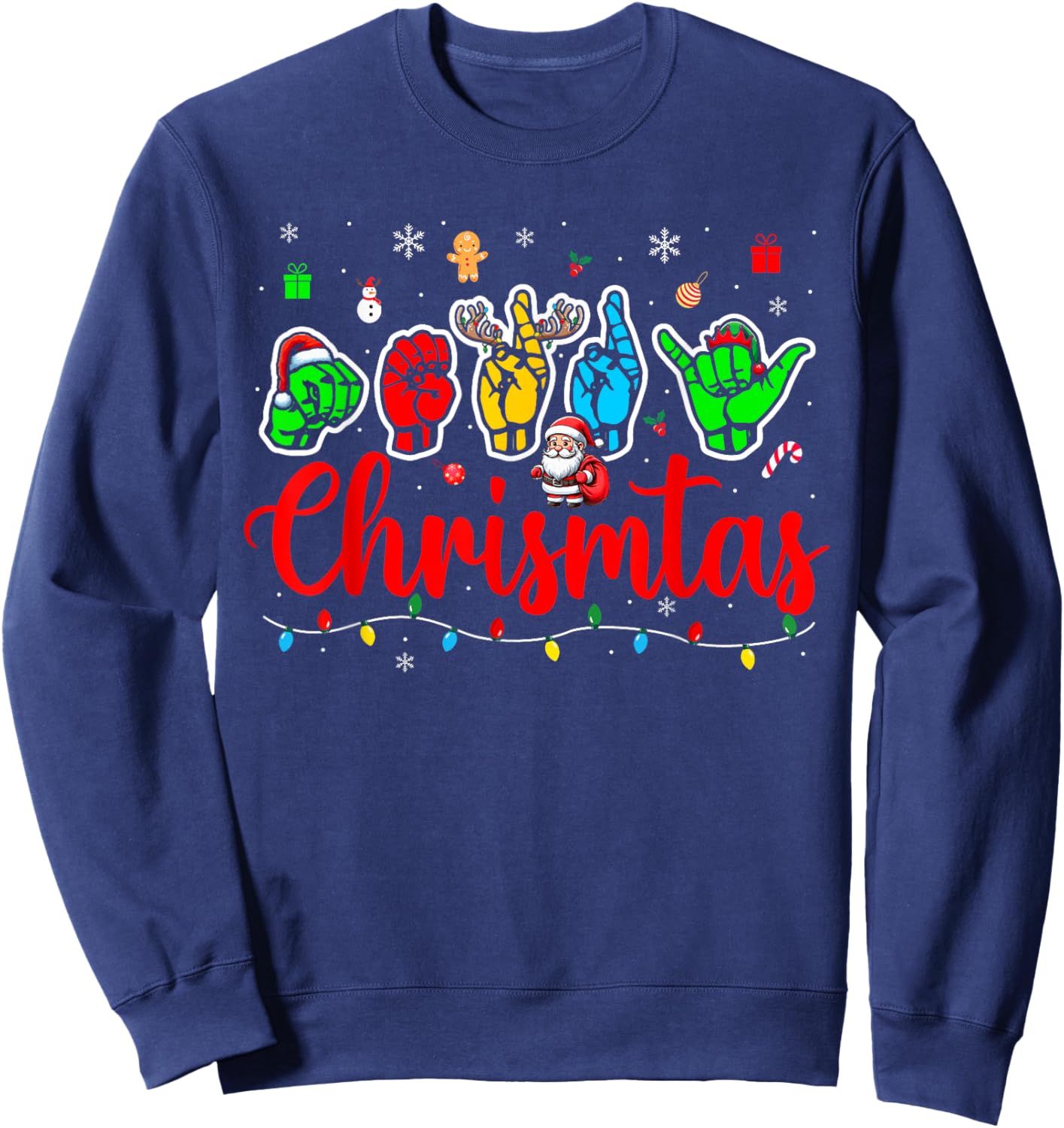 Merry Christmas ASL Hand Sign Language Colorful Santa Lover Sweatshirt - Sweatshirt | Navy