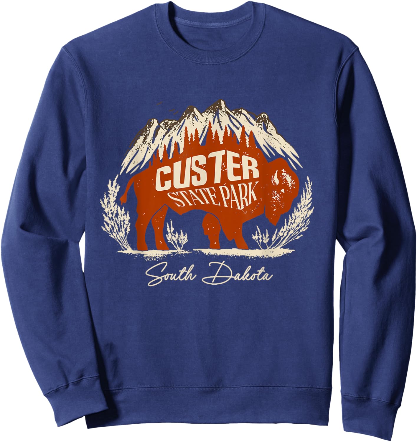 Bison And Mountains Custer State Park South Dakota Vintage Sweatshirt - Sweatshirt | Navy