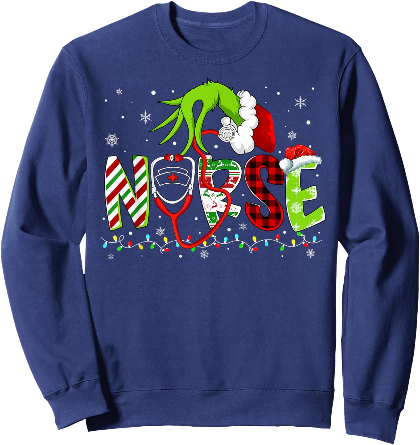 Nurse Funny Merry Christmas Stethoscope Lights Xmas Pajamas Sweatshirt - Sweatshirt | Navy