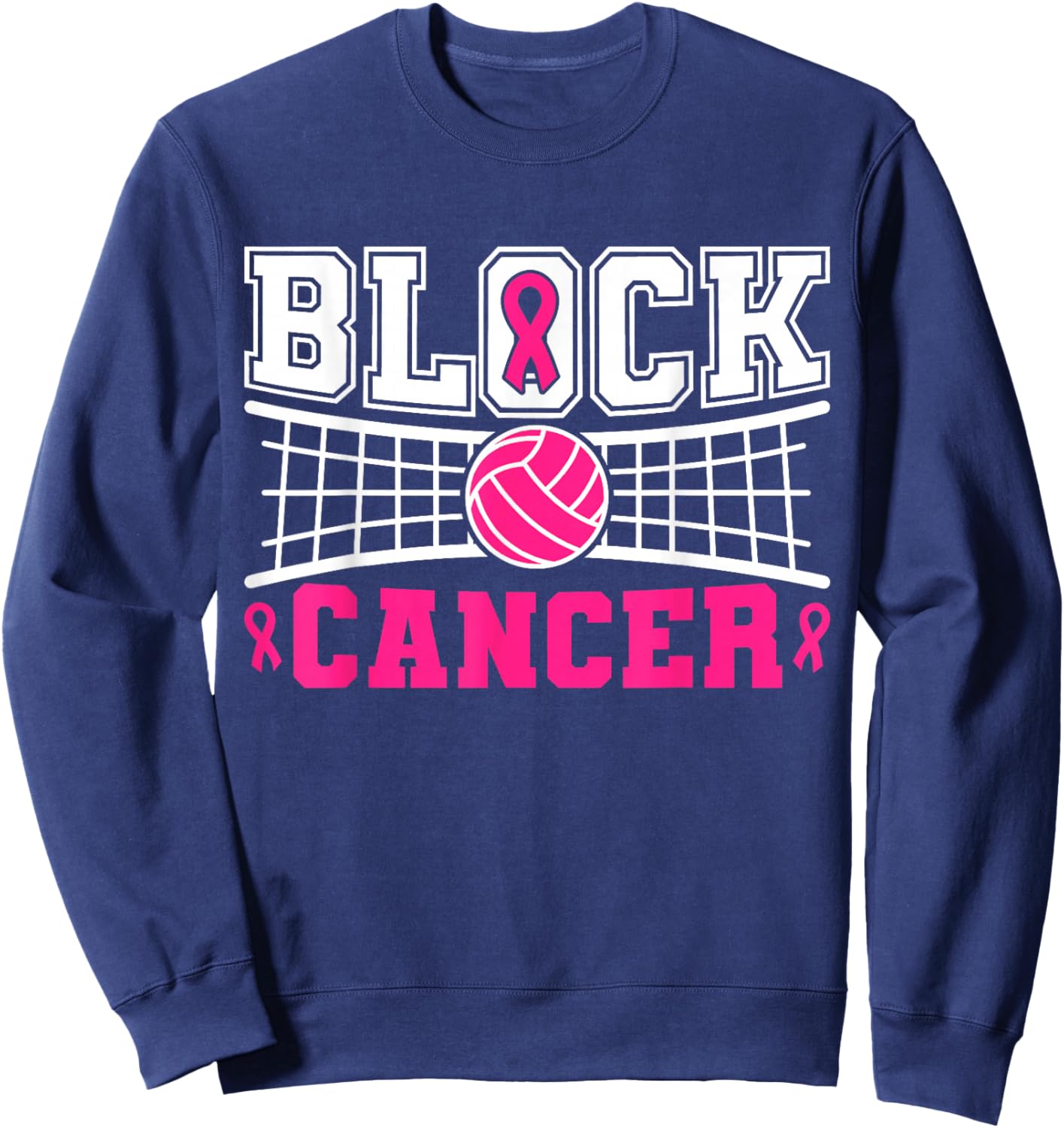 Pink Ribbon Block Cancer Volleyball Breast Cancer Awareness Sweatshirt - Sweatshirt | Navy