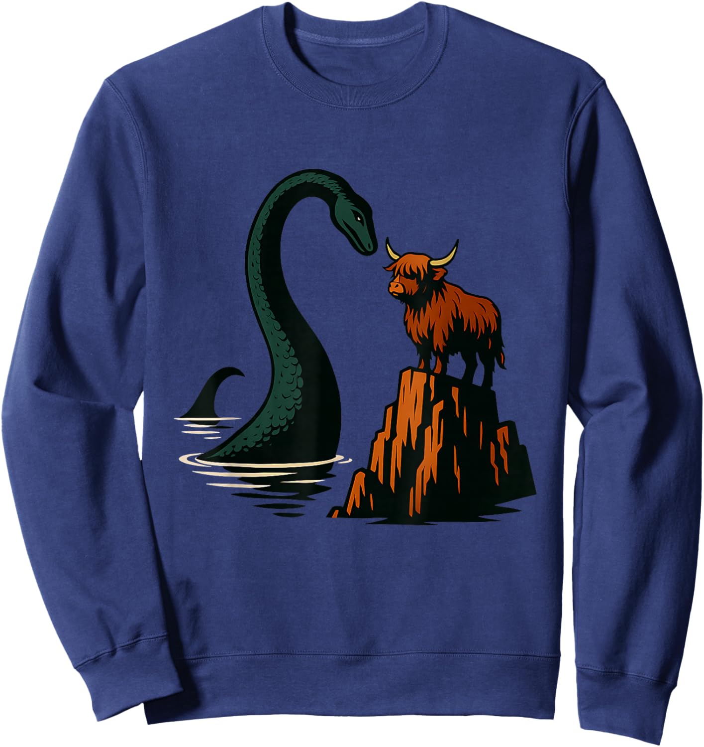 Loch Ness Monster Scotland Viking Ship Highland Cow Sweatshirt - Sweatshirt | Navy