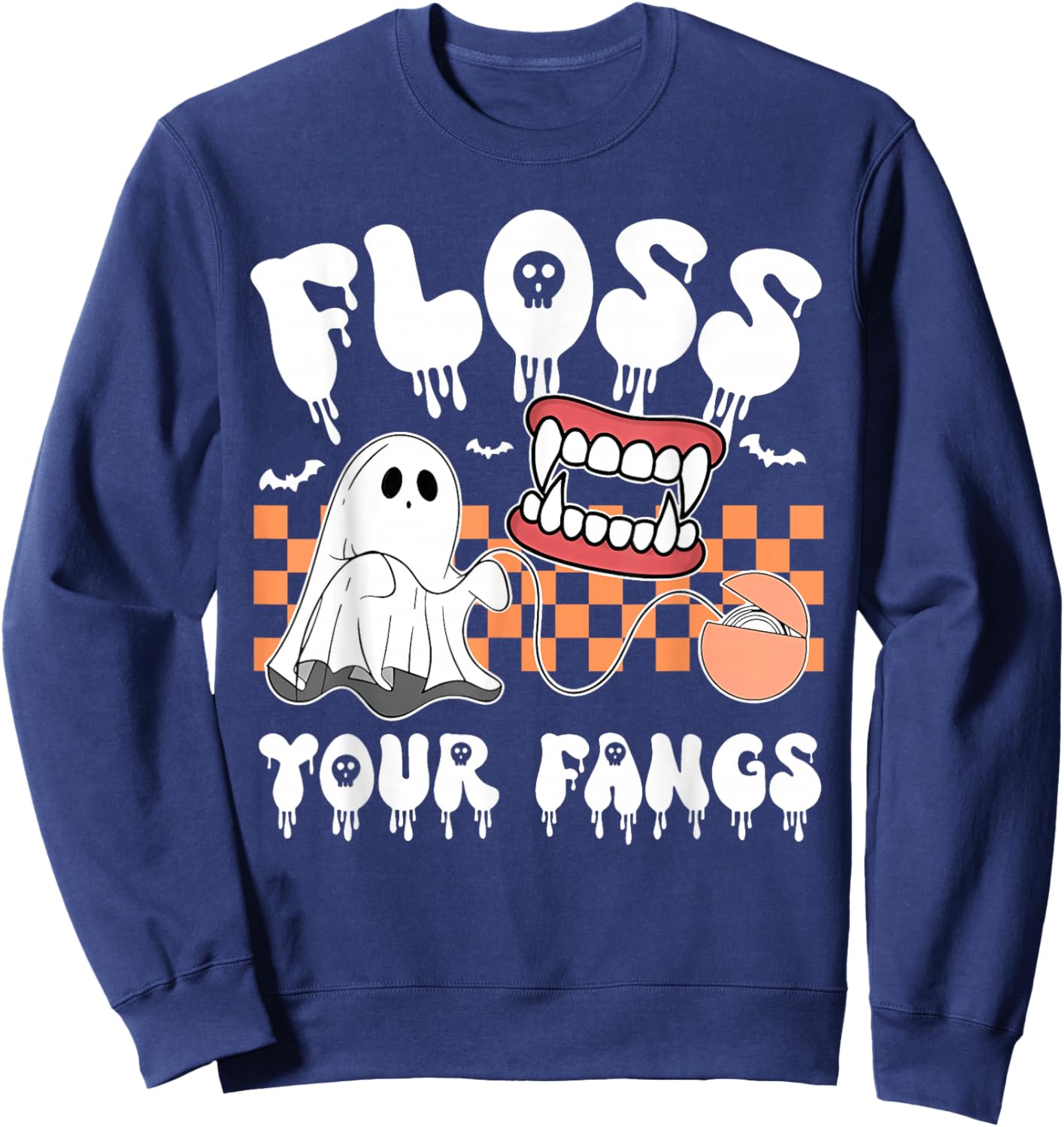 Retro Funny Teeth Floss Your Fangs Dentist Spooky Halloween Sweatshirt - Sweatshirt | Navy