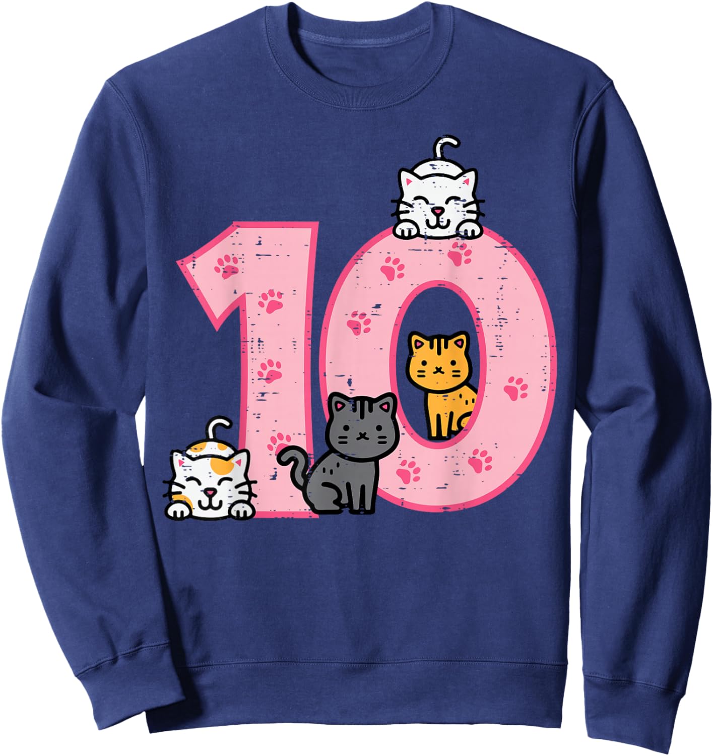 10th Birthday Cats On Number 10 Kawaii Bday Kitten Girls Kid Sweatshirt - Sweatshirt | Navy