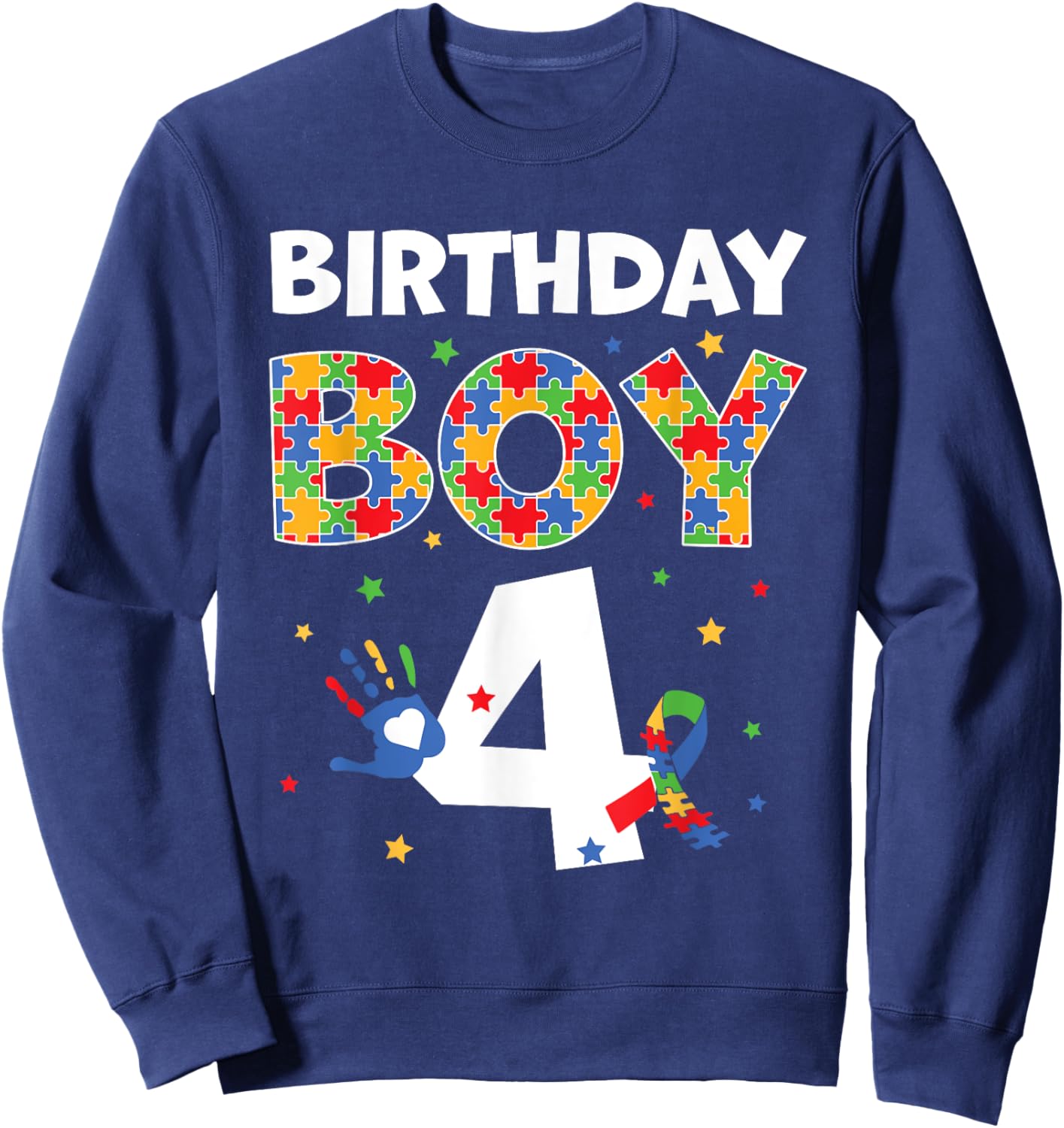 The 4th Birthday Boy Autism Awareness Puzzle Piece Sweatshirt - Sweatshirt | Navy