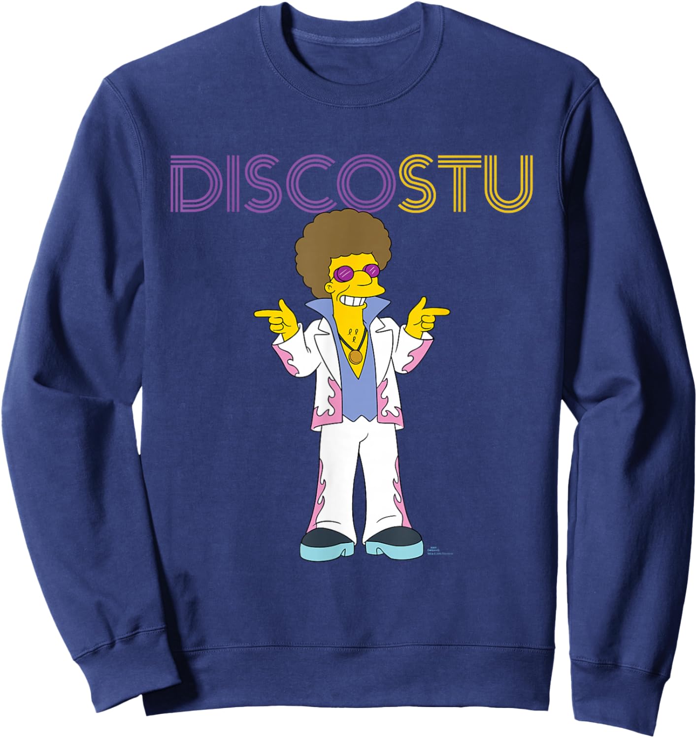 The Simpsons Disco Stu - -Adults & Kids - Black - Small - Short Sleeve - Crew Collar - Neon Name in Lights Design Sweatshirt - Sweatshirt | Navy