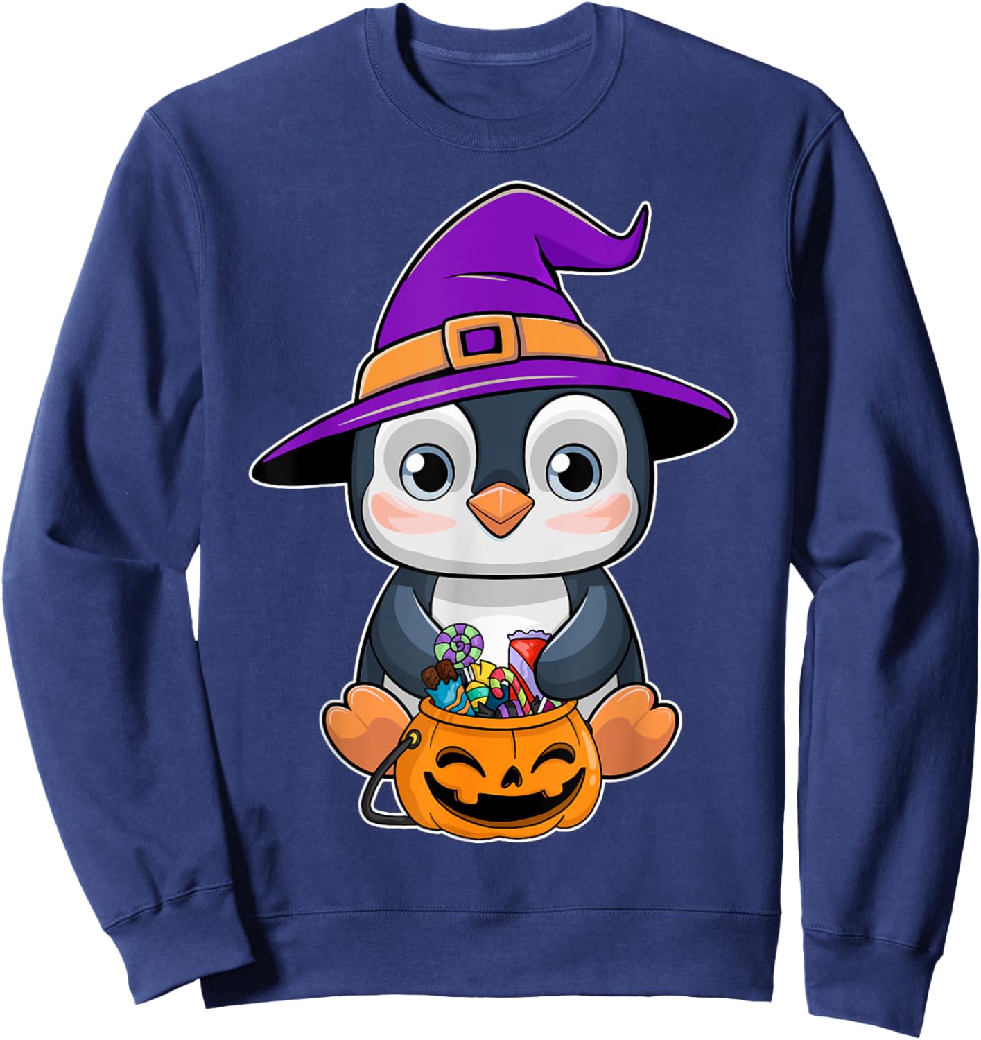 Penguin Halloween Witch Hat Pumpkin Penguin Halloween Sweatshirt - Sweatshirt | Navy