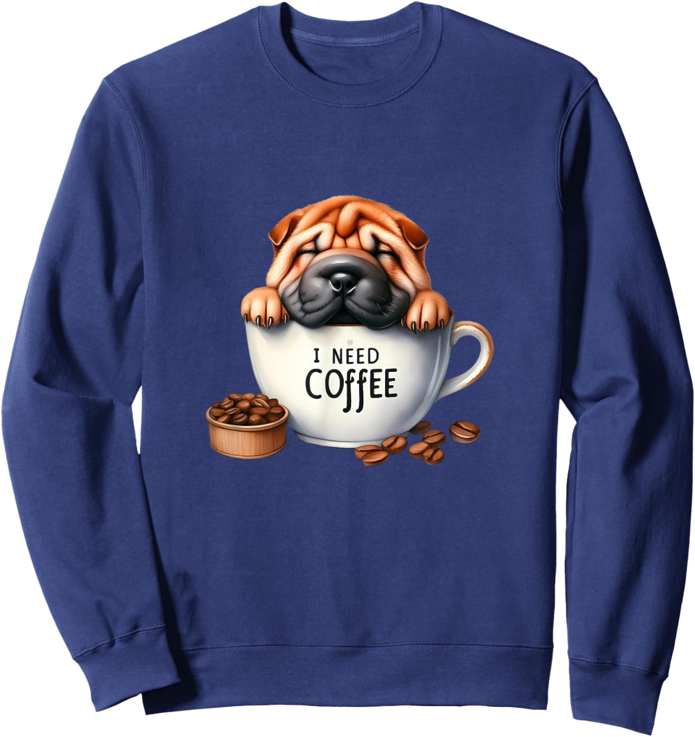 Shar Pei Wrinkly Pup Coffee Vibes Caffeine Sweatshirt - Sweatshirt | Navy