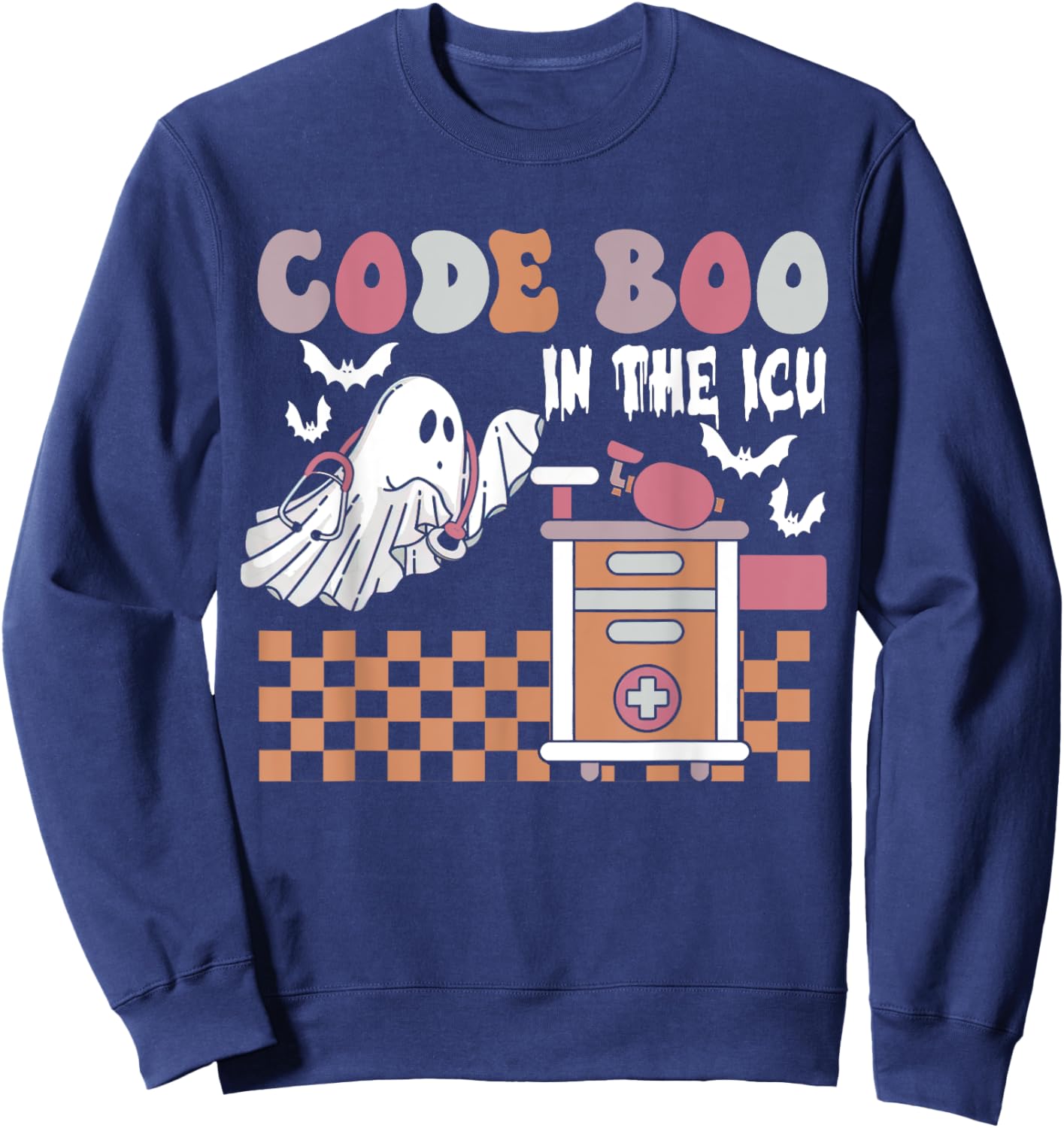Groovy Retro Halloween ICU Nurse, Code Boo In The ICU Sweatshirt - Sweatshirt | Navy