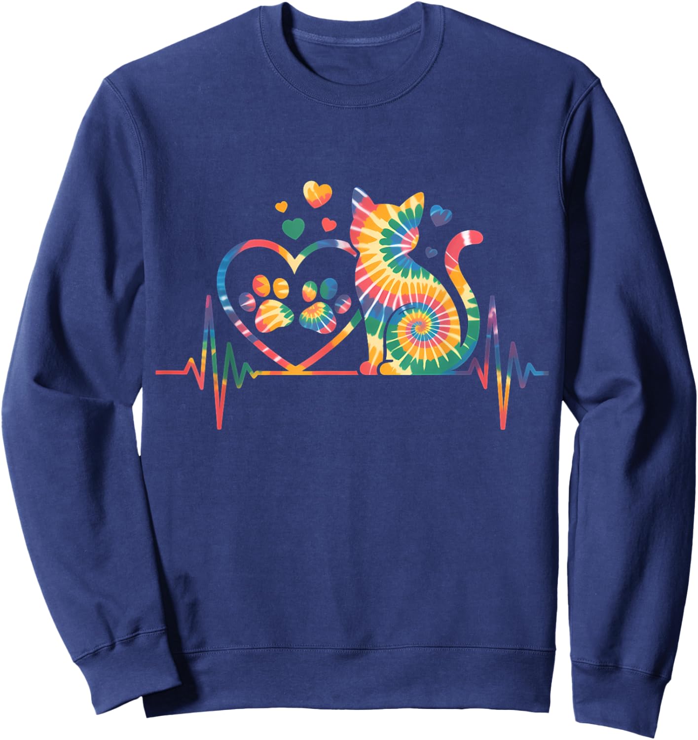 Cat Tie Dye Colorful Heartbeat EKG Pulse Sweatshirt - Sweatshirt | Navy