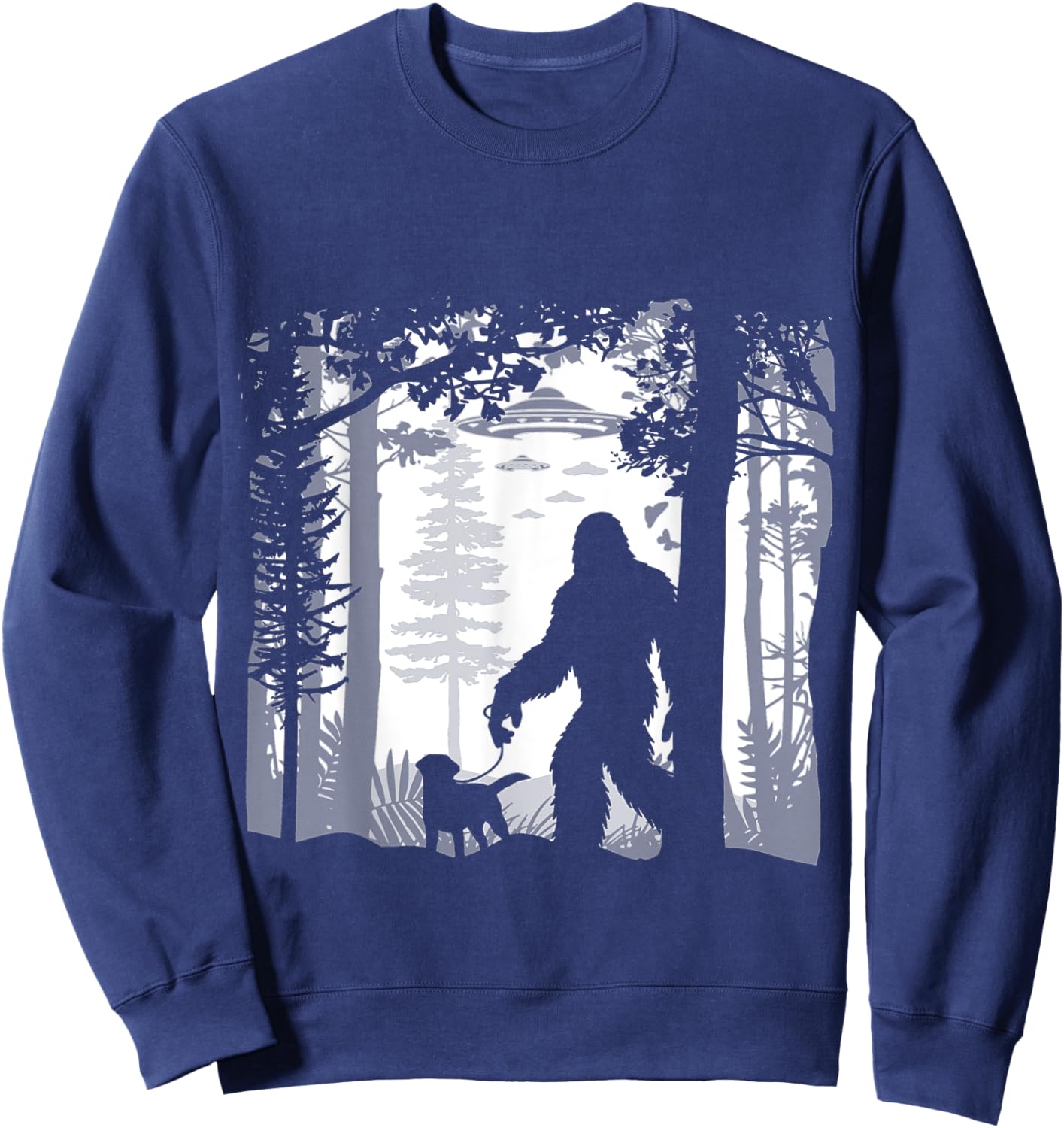 Funny Sasquatch Bigfoot Walking Dog In Woods With Alien Ufos Sweatshirt - Sweatshirt | Navy