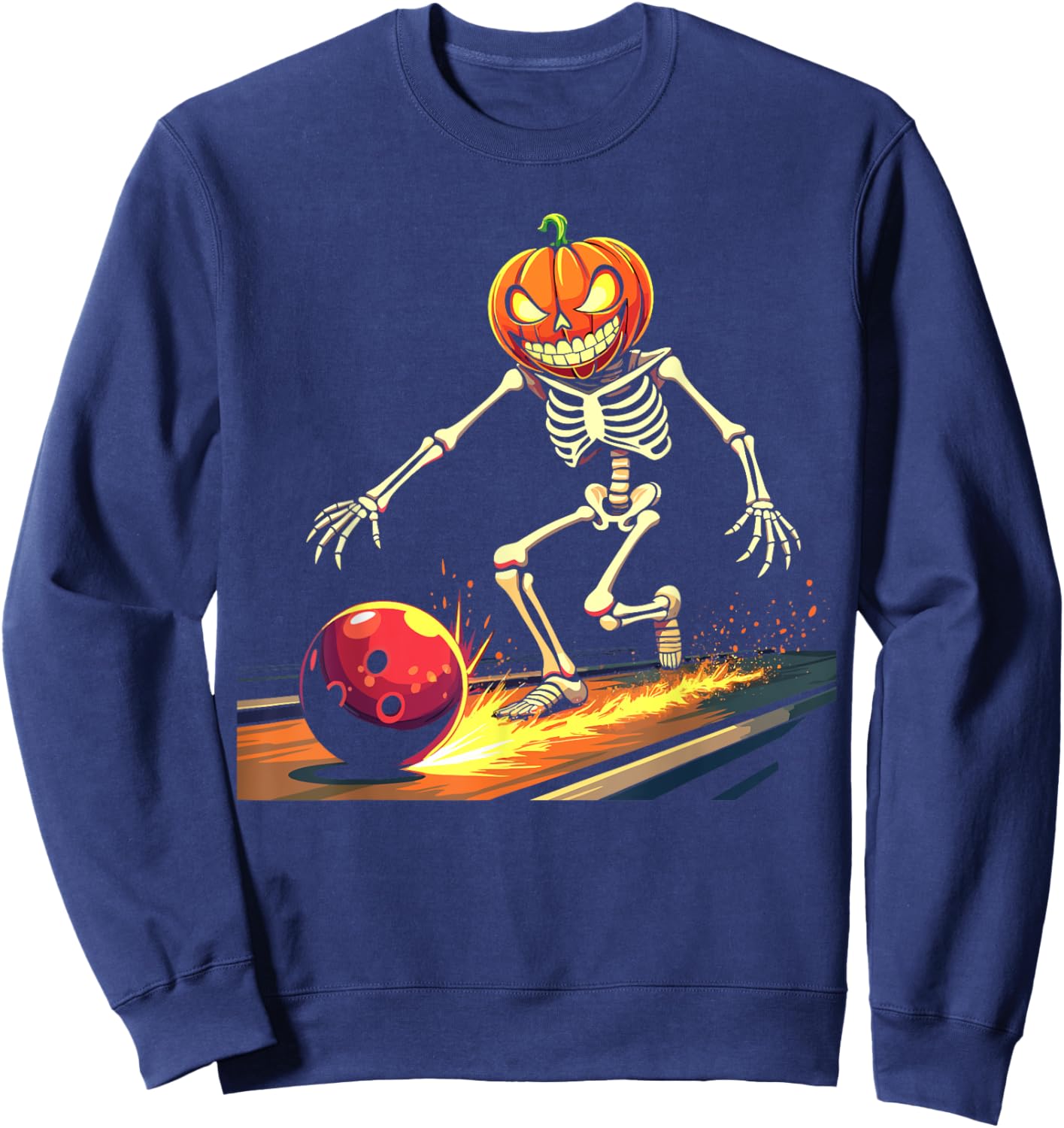Pumpkin Head Skeleton Bowling Halloween Spooky Sports Sweatshirt - Sweatshirt | Navy