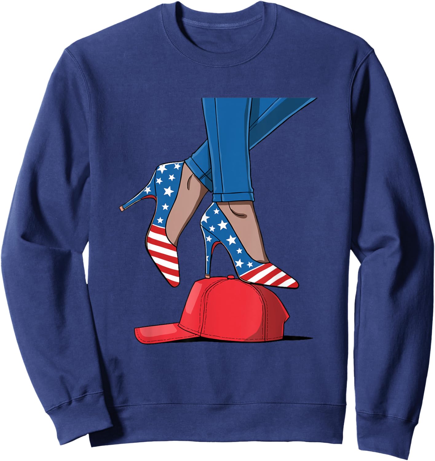 Kamala Harris High Heel Shoes Stepping on Red Hat Sweatshirt - Sweatshirt | Navy