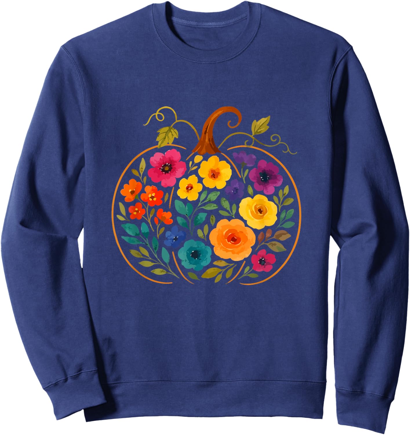 Colorful Flowers Pumpkin Shape Thanksgiving Farmer Farming Sweatshirt - Sweatshirt | Navy