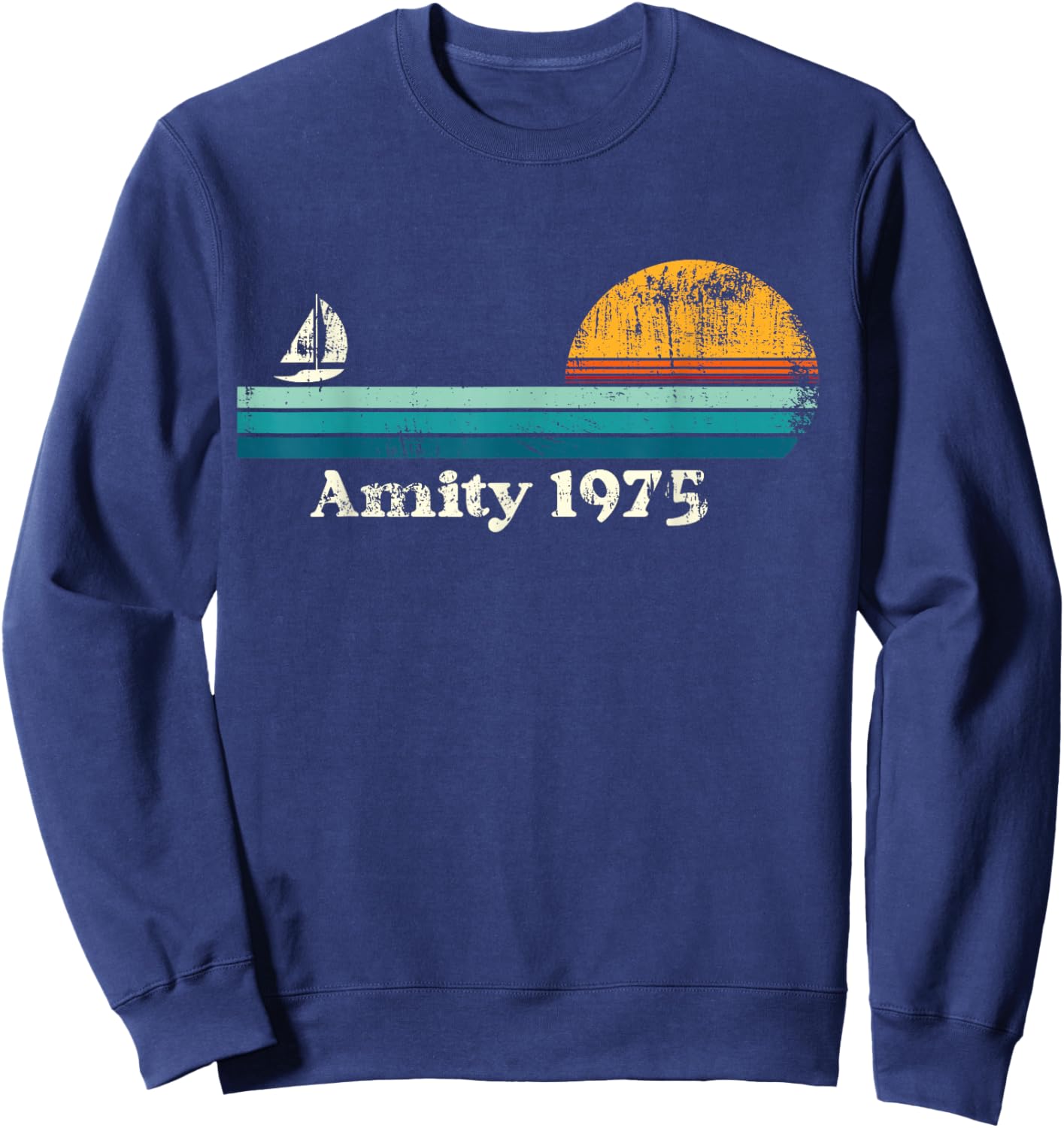 Vintage Amity 1975 Sunset Retro Sailboat Sunrise Summer Sweatshirt - Sweatshirt | Navy