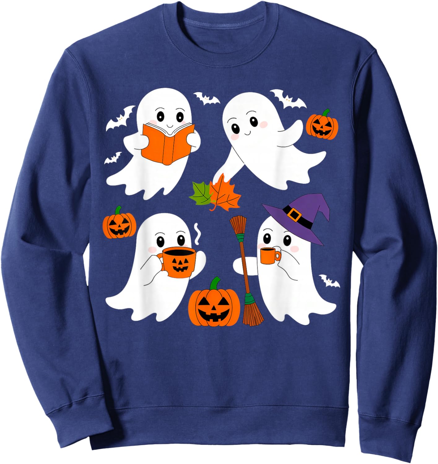 Cute Ghost Drinking Coffee Halloween Fall Ghost Book Reading Sweatshirt - Sweatshirt | Navy