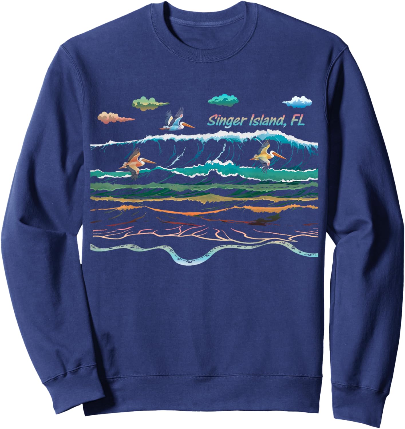 Singer Island FL Florida Waves Pelican Bird Watching Sweatshirt - Sweatshirt | Navy