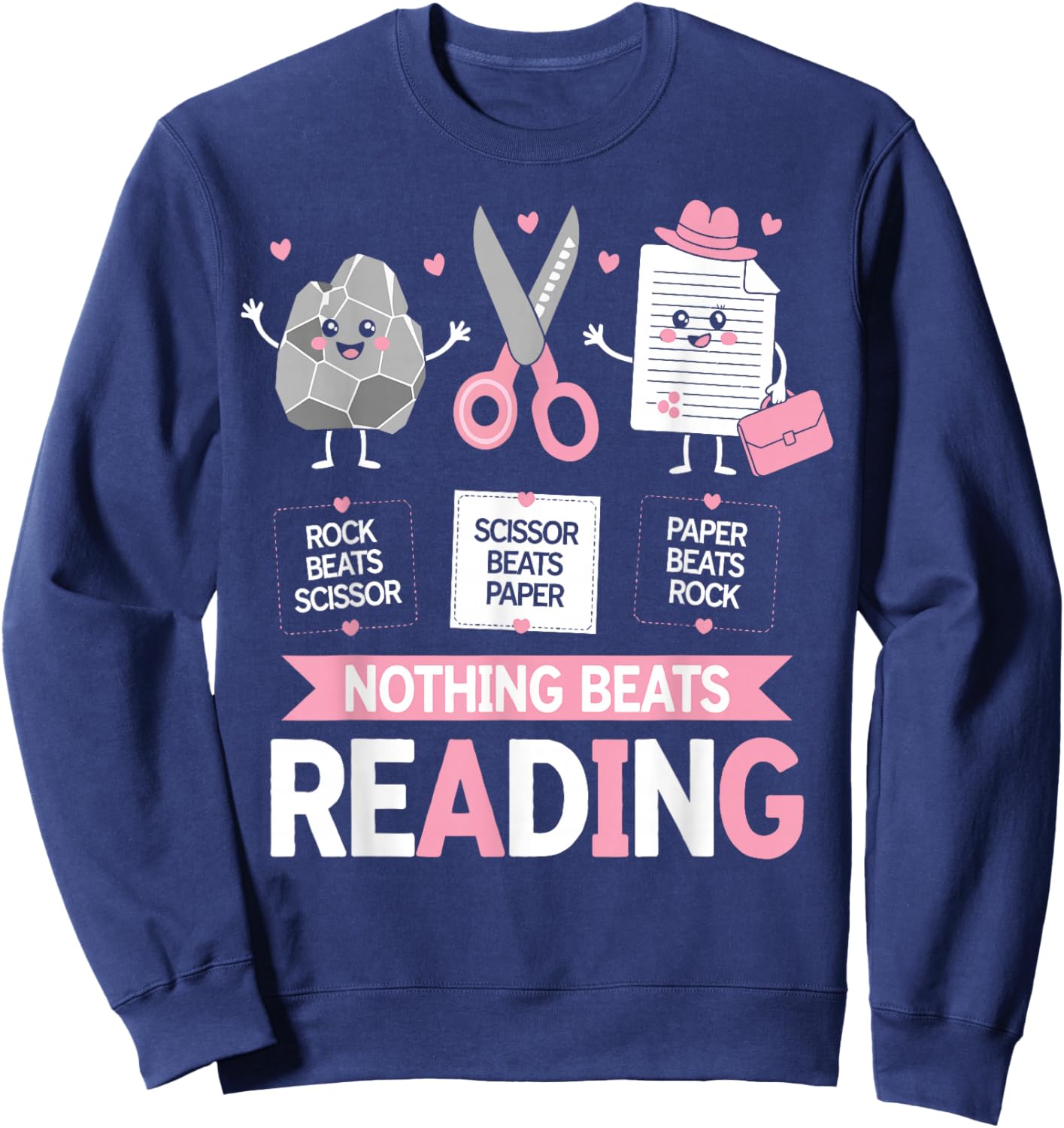 Nothing Beats Reading Funny Rock Paper Scissors Book Lover Sweatshirt - Sweatshirt | Navy