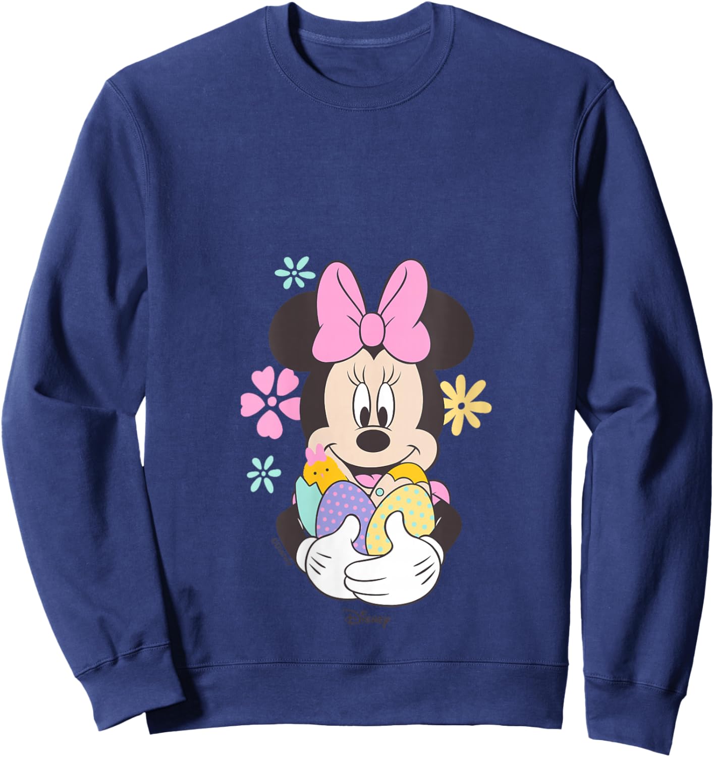 Women's Disney Minnie Mouse Easter Eggs and Baby Chick Pastel V-Neck Sweatshirt - Sweatshirt | Navy