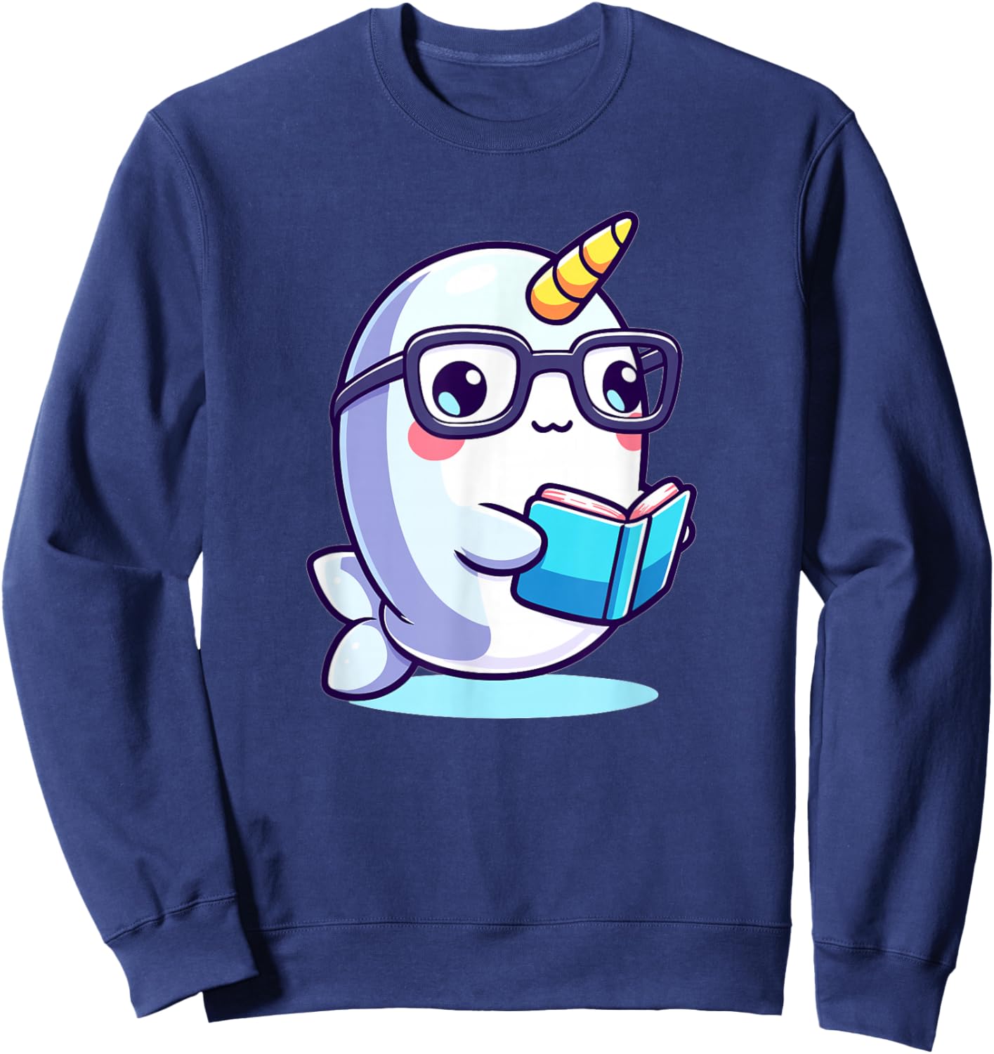 Adorable Book Lover Narwhal With Reading Glasses Cute Sweatshirt - Sweatshirt | Navy