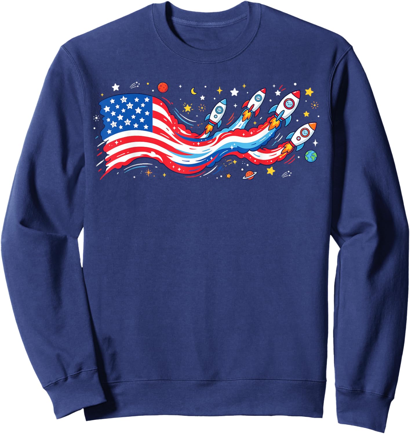 Cute Patriotic Shirts , Space Rocket American Flag Sweatshirt - Sweatshirt | Navy