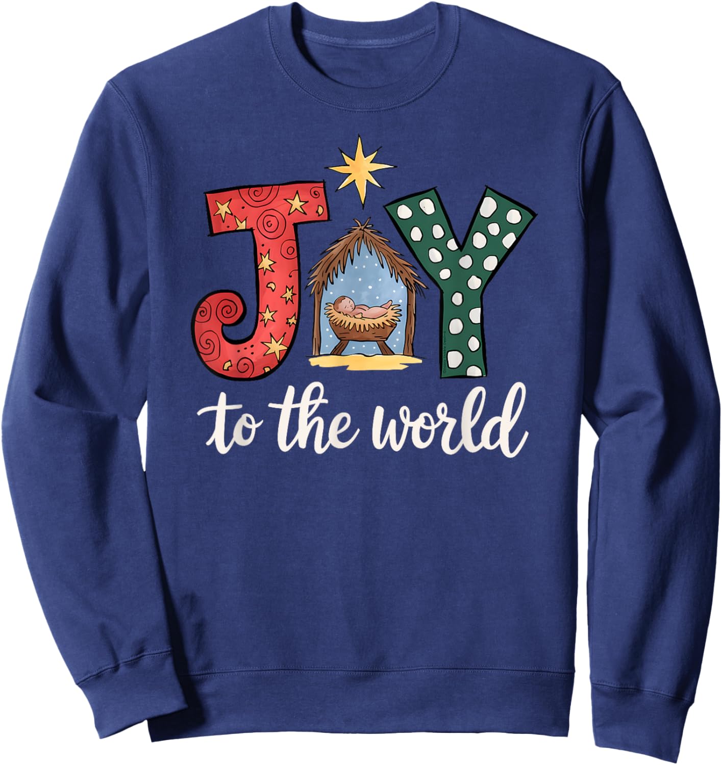 Dibble Dabble Designs Christmas Nativity - -Adults & Kids - Black - Small - Short Sleeve - Modern Artistic - JOY to the World with Jesus in the Manger Sweatshirt - Sweatshirt | Navy