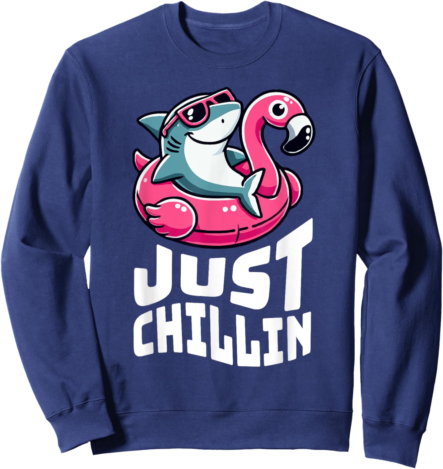 Funny Shark Just Chillin on Flamingo Float Sweatshirt - Sweatshirt | Navy