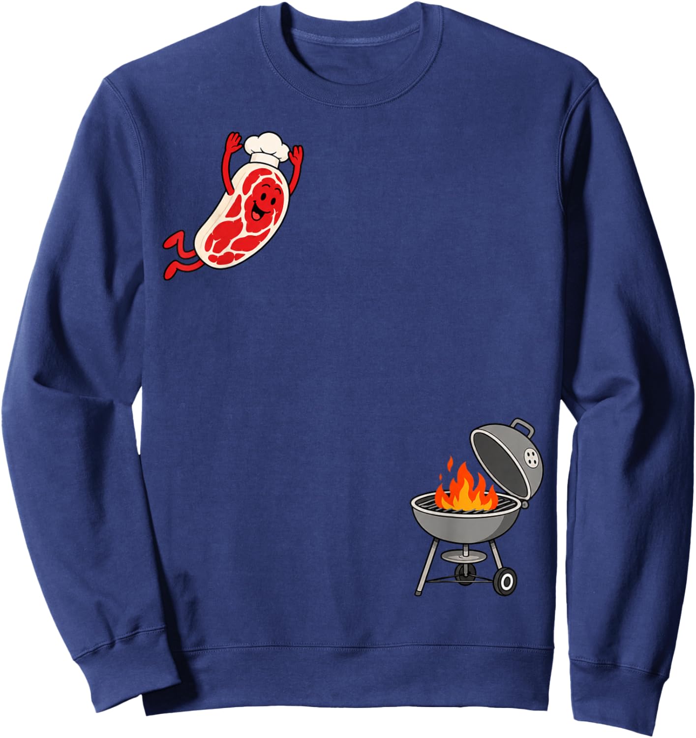 Funny Chef Steak Jumping Into BBQ Grill Cartoon Sweatshirt - Sweatshirt | Navy
