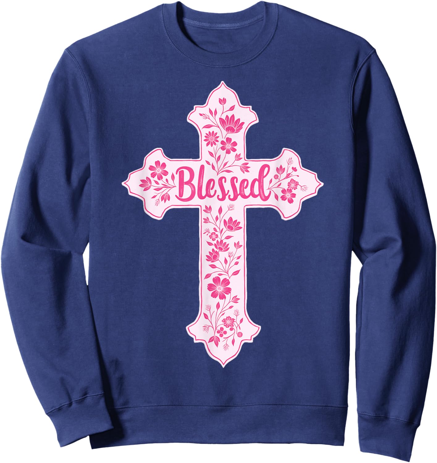 Christian Faith Cross Pink Toile Chinoiserie Floral Sweatshirt - Sweatshirt | Navy