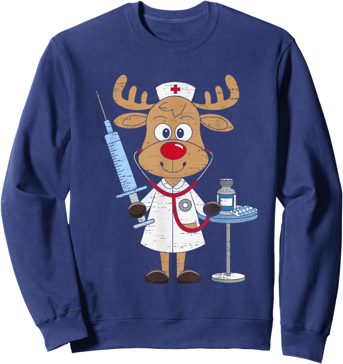 Reindeer Nurse Scrub Tops Christmas Stethoscope Nursing Xmas Sweatshirt - Sweatshirt | Navy