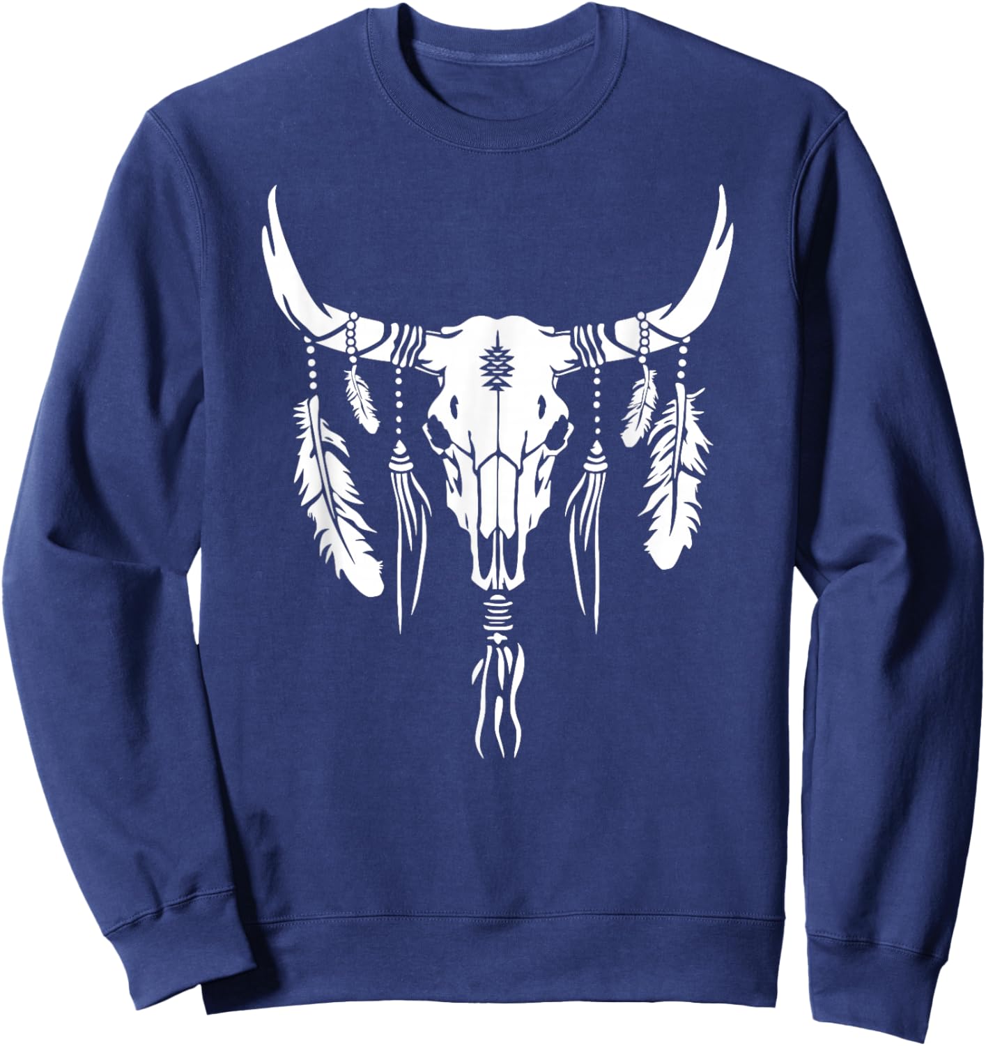 Boho Longhorn Bull Skull Design Cow Skull and Feathers Art Sweatshirt - Sweatshirt | Navy