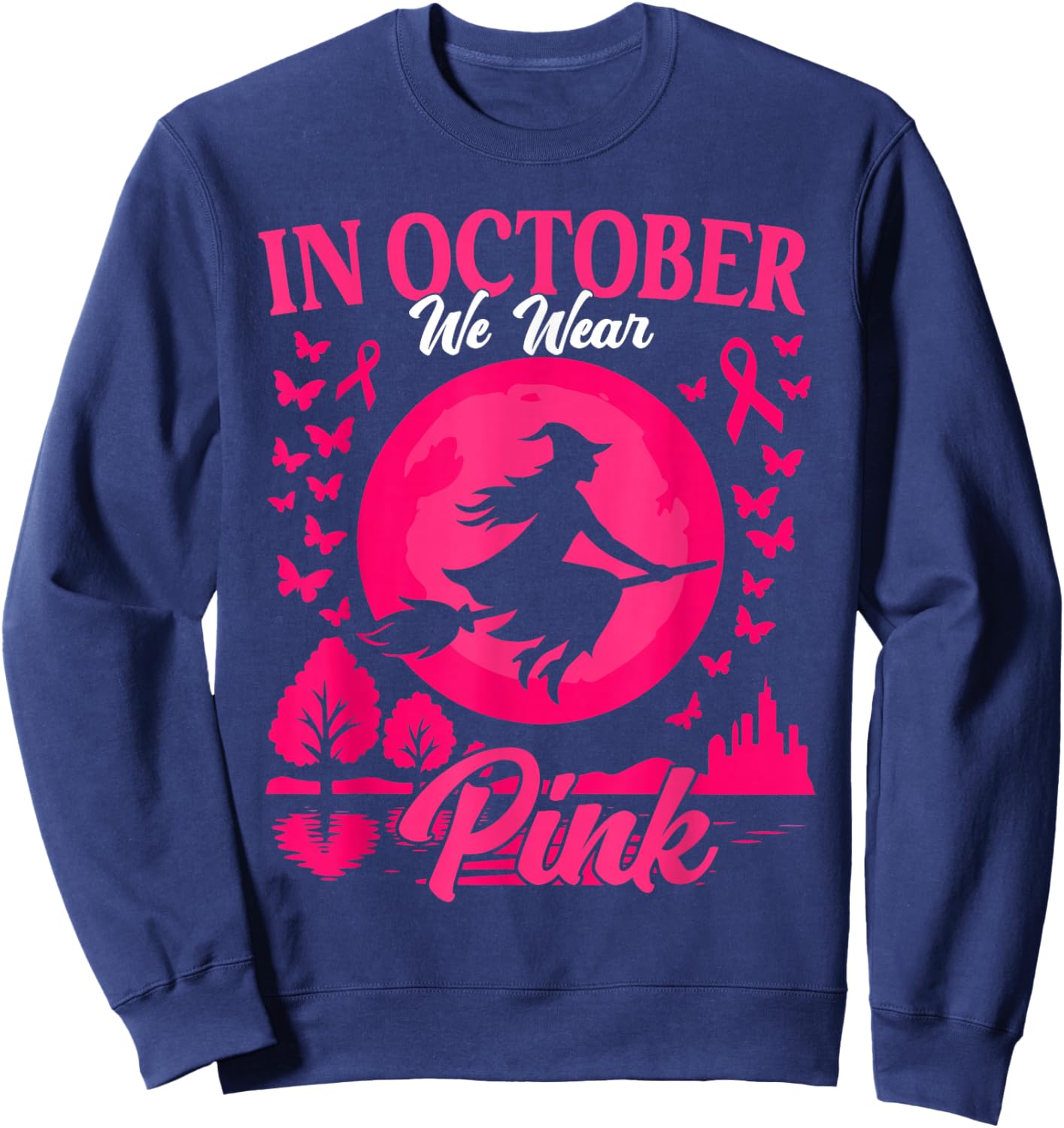 in October We Wear Pink Breast Cancer Women Halloween Girls Sweatshirt - Sweatshirt | Navy