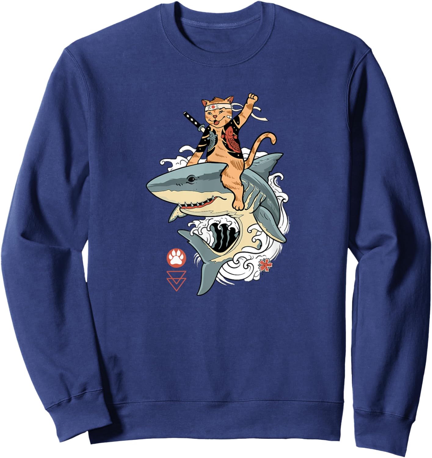 Samurai Cat Riding a Shark, Cat Warrior with Japanese Katana Men Women Sweatshirt - Sweatshirt | Navy