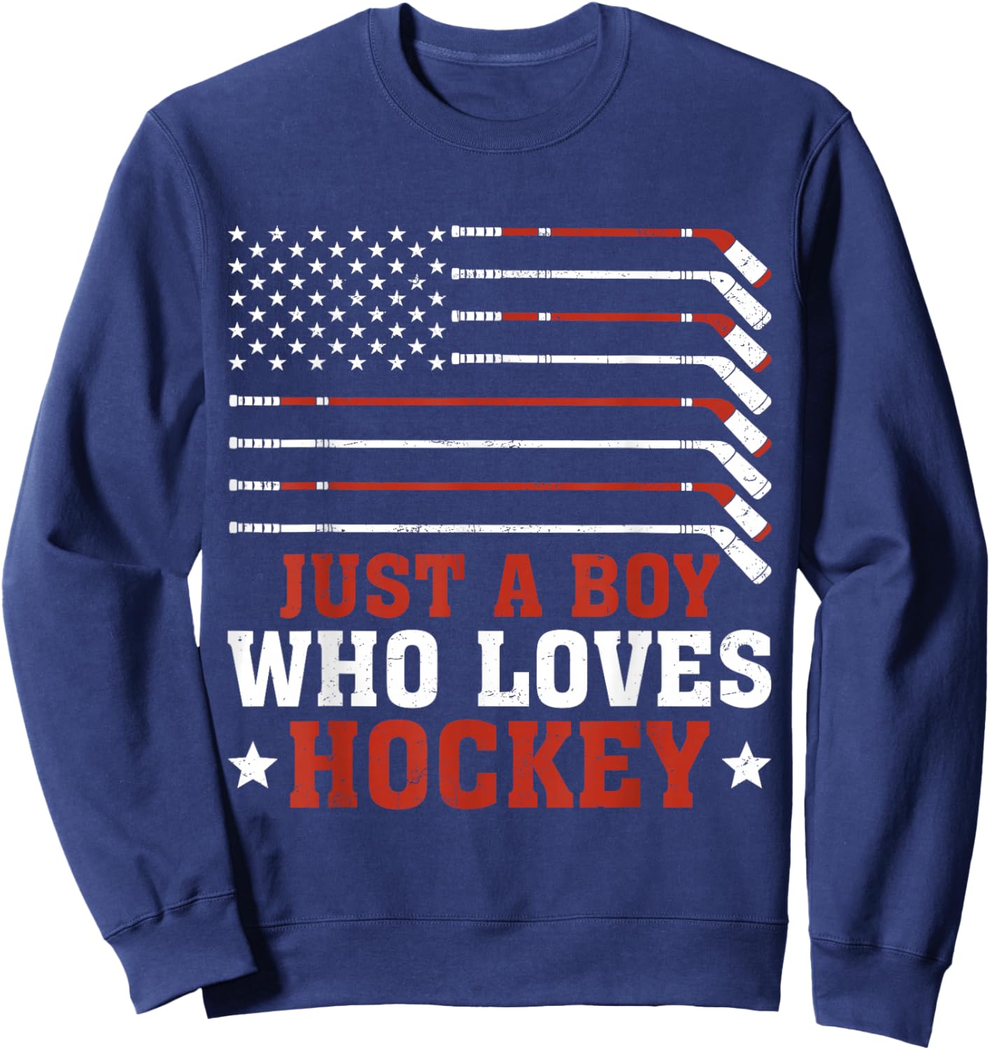Just A Boy Who Loves Hockey USA Flag Vintage Ice Hockey Sweatshirt - Sweatshirt | Navy