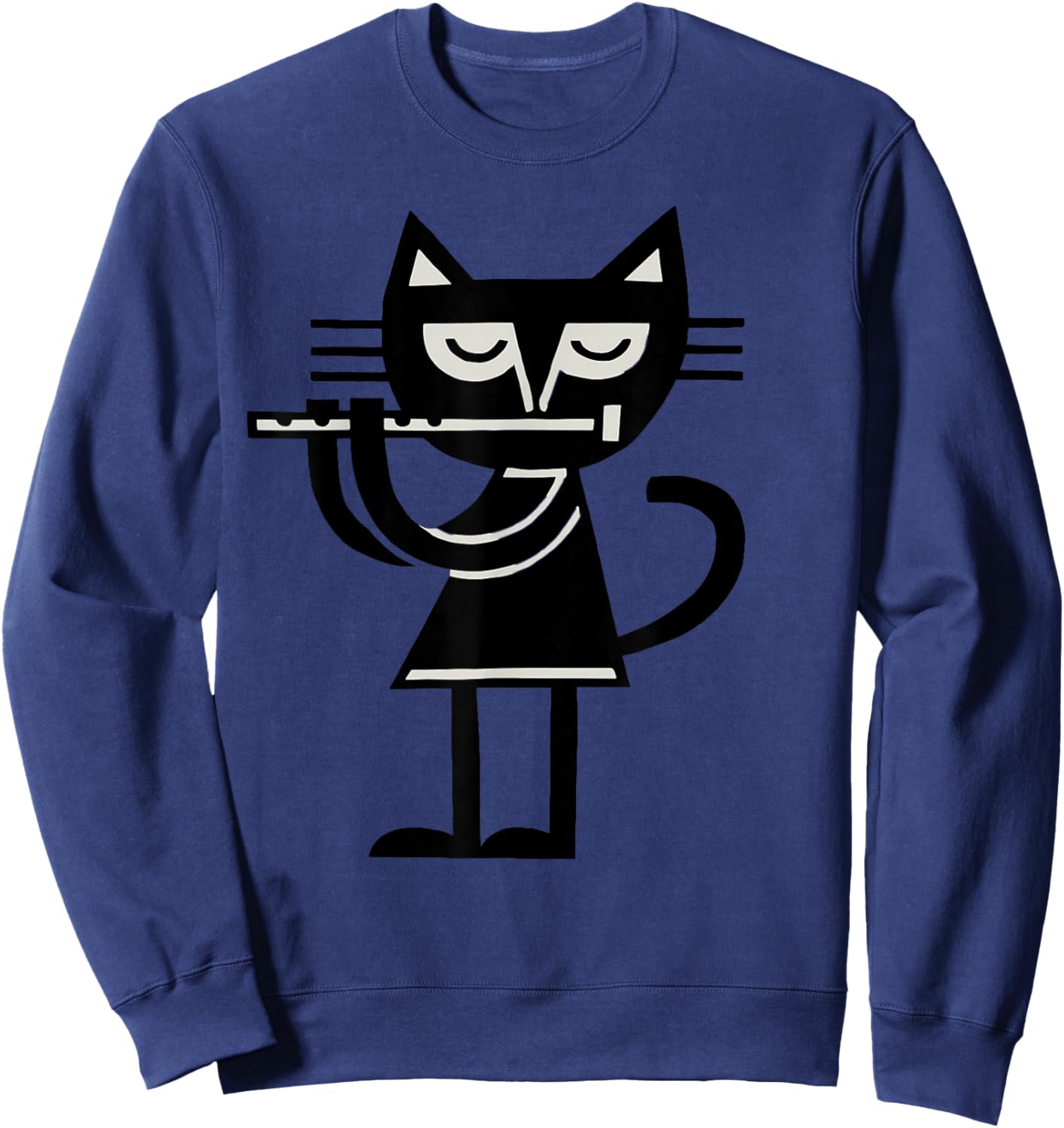 Flute Playing Cat Music Lover Minimalist Cartoon Sweatshirt - Sweatshirt | Navy