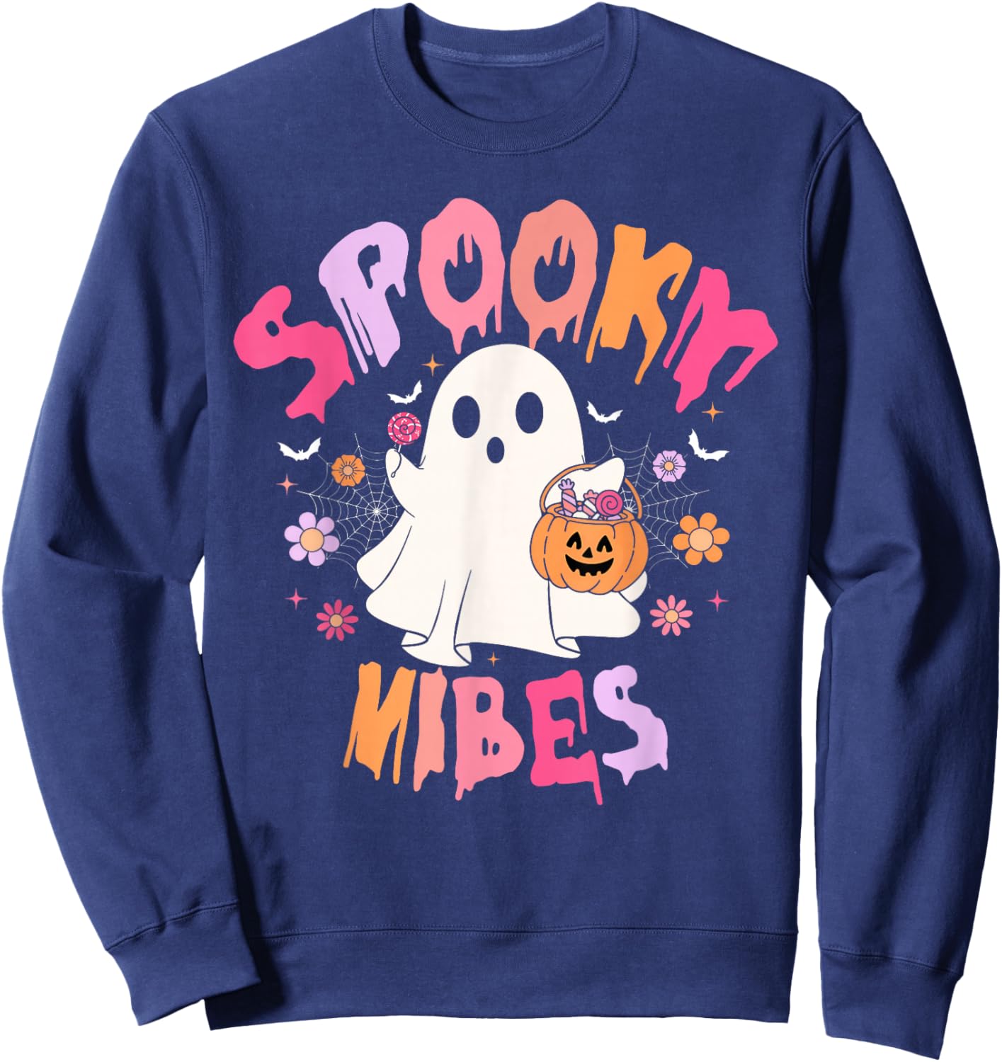 Groovy Spooky Vibes Cute Boo Ghost Halloween Costumes Girls Sweatshirt - Sweatshirt | Navy