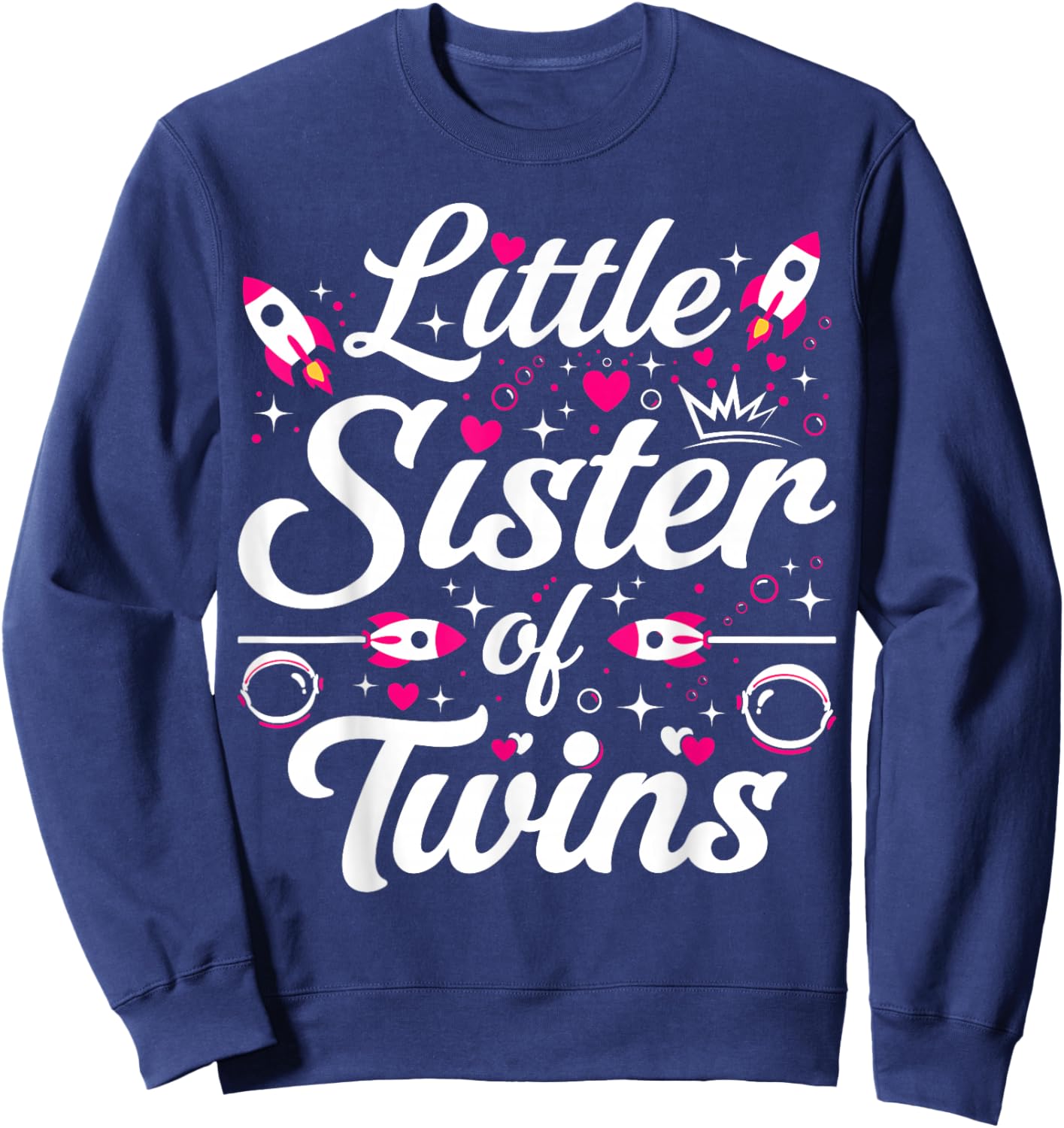 Little Sister of Twins Pink Rocket Space Themed Sibling Sweatshirt - Sweatshirt | Navy