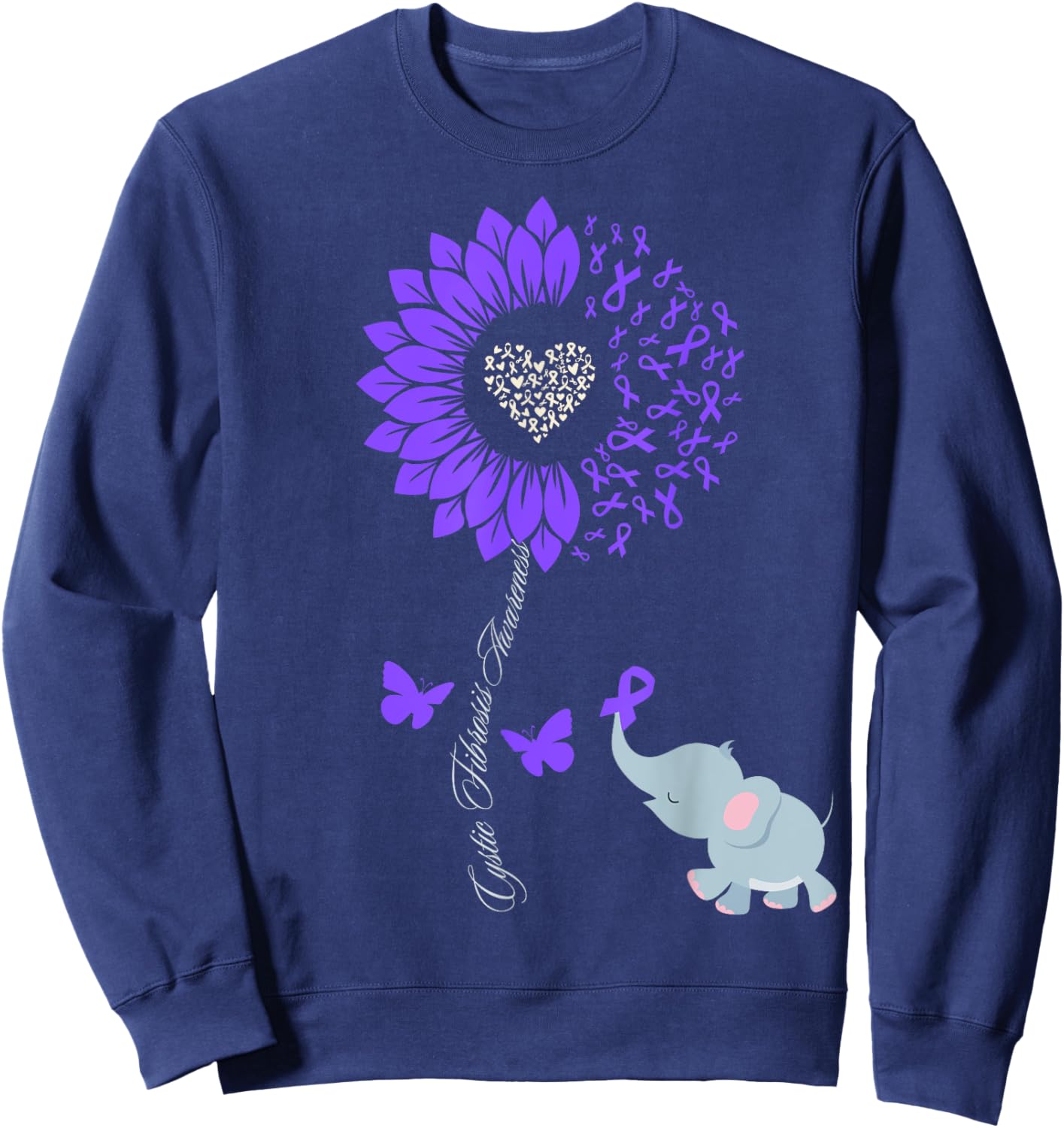 Cystic Fibrosis Awareness Sunflower Elephant Butterfly Sweatshirt - Sweatshirt | Navy