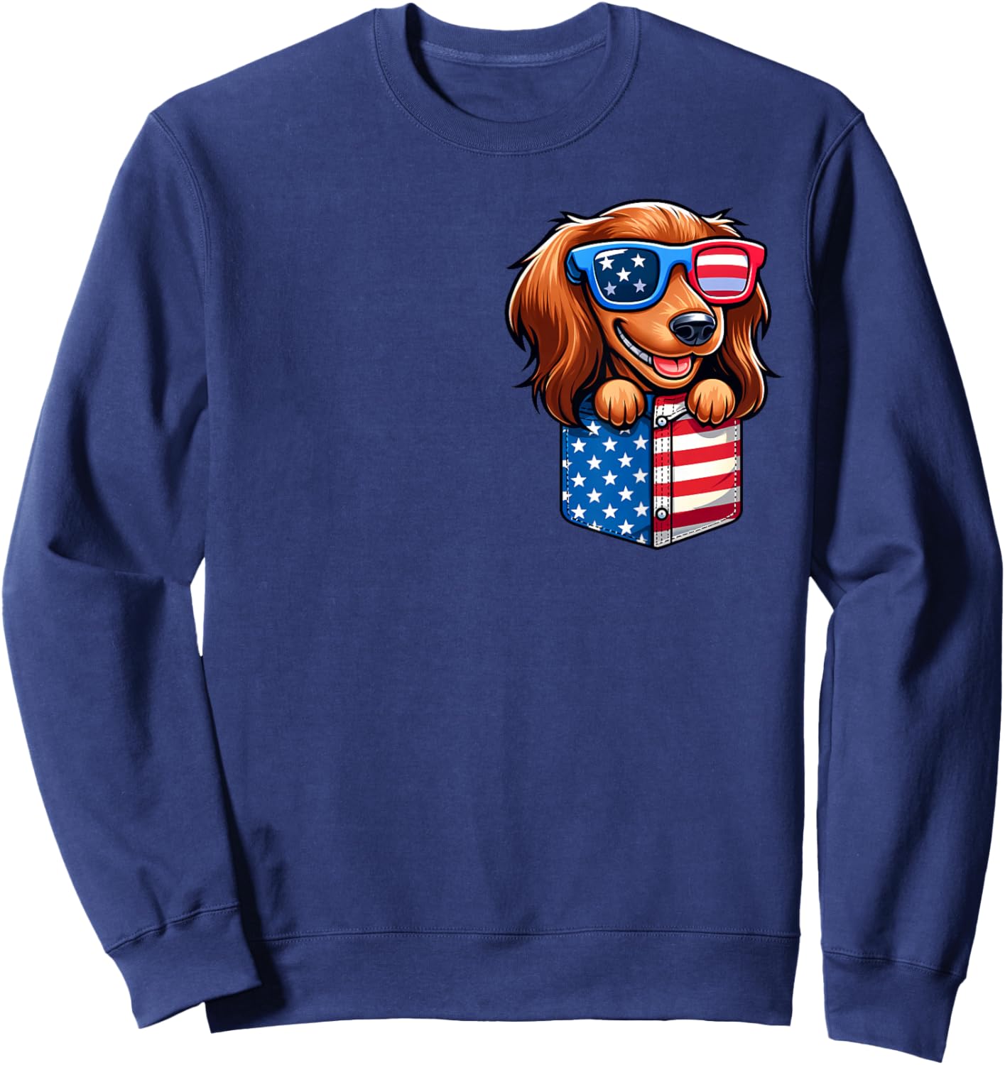 Long Hair Dachshund 4th July USA Flag In Pocket America Sweatshirt - Sweatshirt | Navy