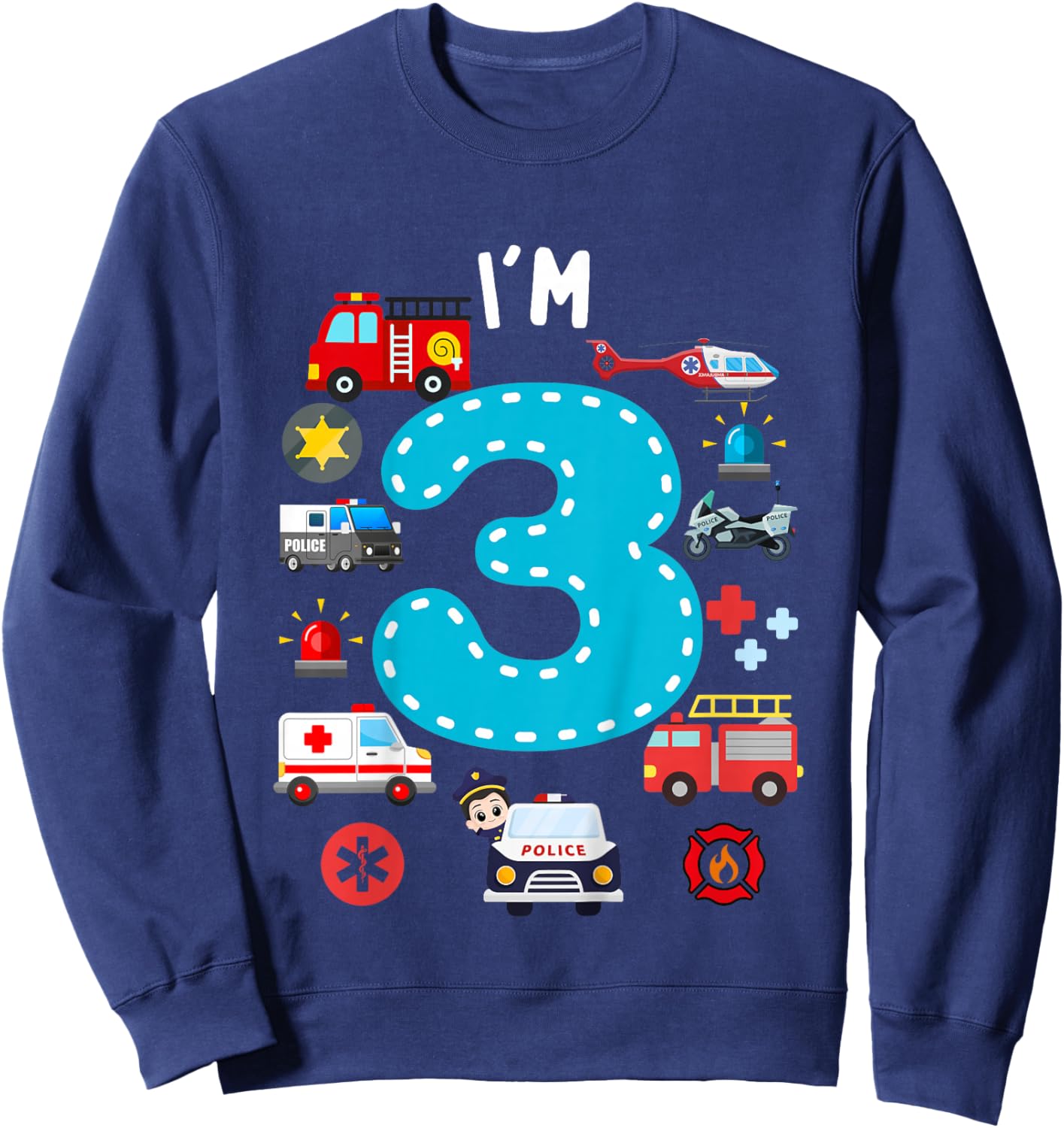 Kids 3rd Birthday Emergency Vehicles Boys 3Years Old Toddler Kids Sweatshirt - Sweatshirt | Navy