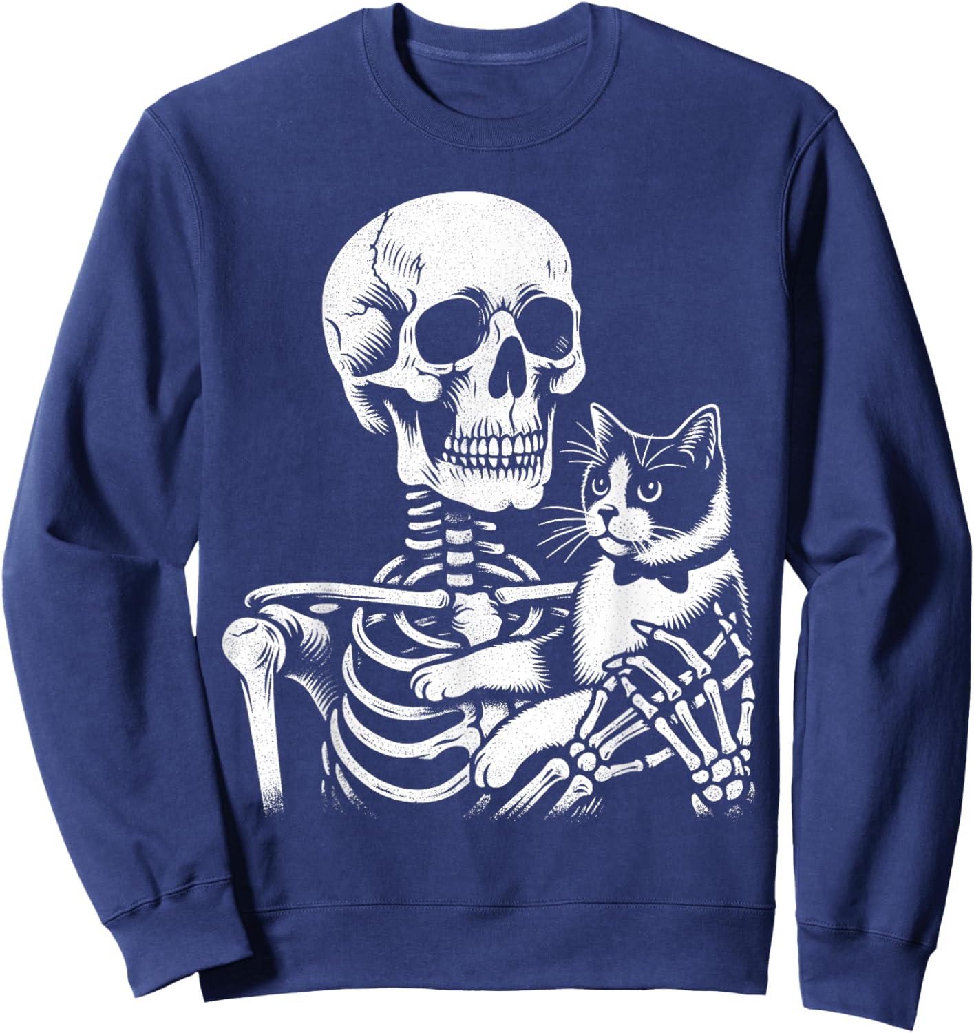 Skeleton Holding A Tuxedo Cat Lazy Halloween Costume Skull Women Kids Sweatshirt - Sweatshirt | Navy