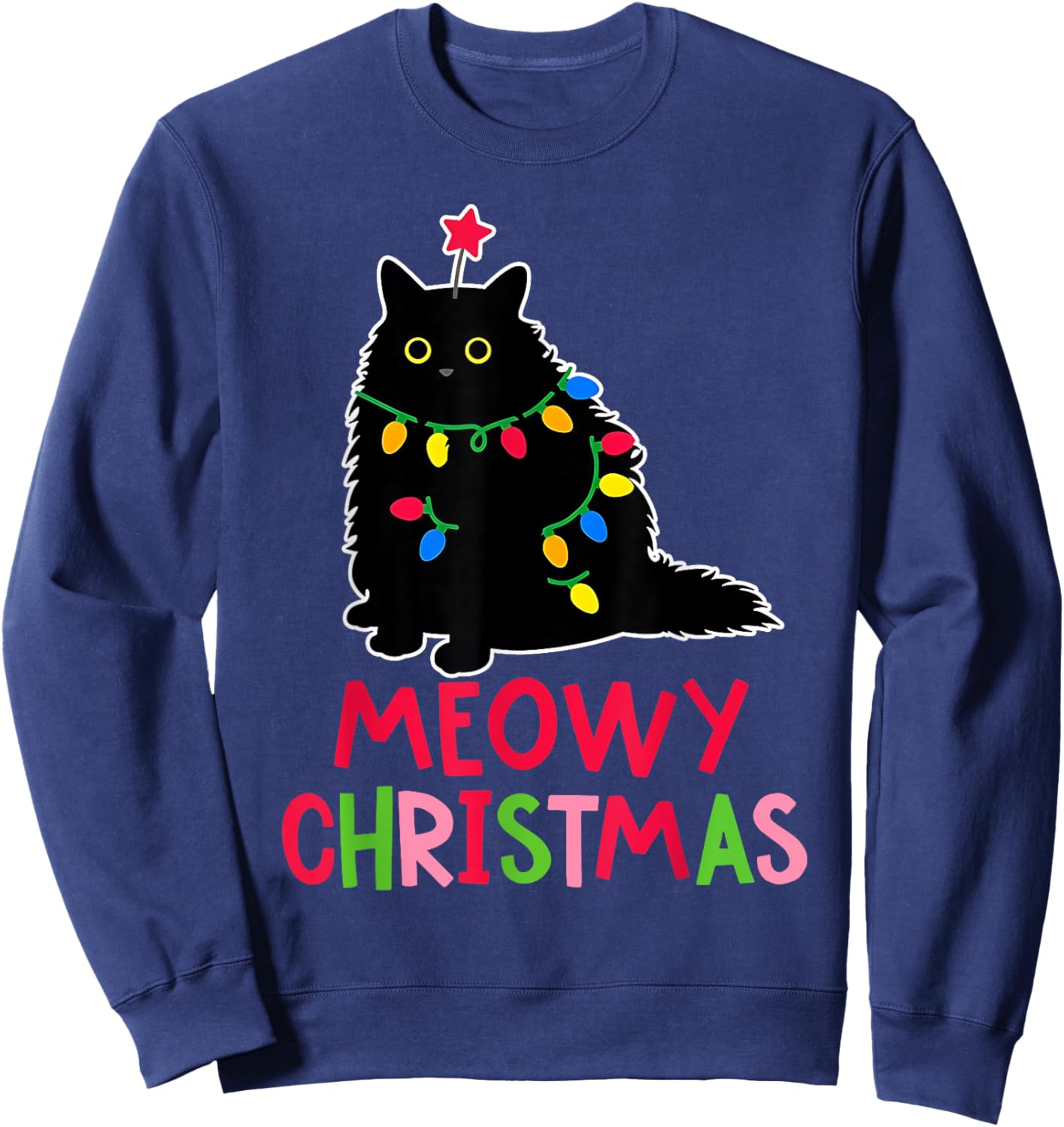 Meowy Christmas Xmas Lights Black Cat Pajamas Family Funny Sweatshirt - Sweatshirt | Navy
