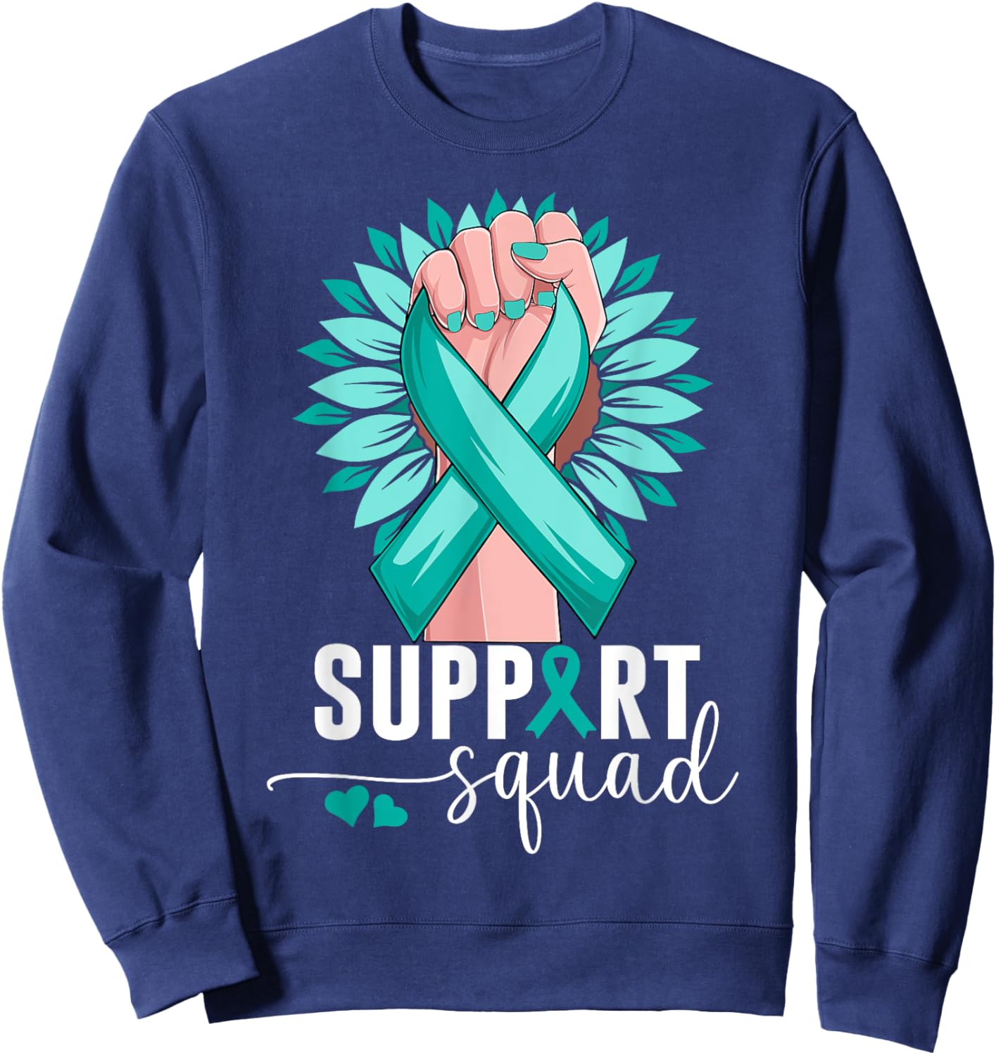 Support Squad Cervical Cancer Awareness Teal & White Ribbon Sweatshirt - Sweatshirt | Navy