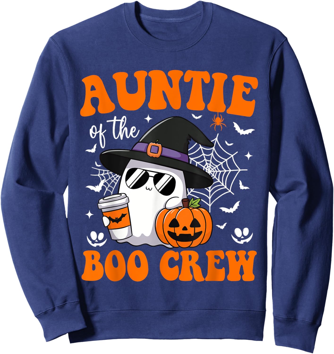Auntie Boo Crew Groovy Ghost Matching Family Halloween Sweatshirt - Sweatshirt | Navy