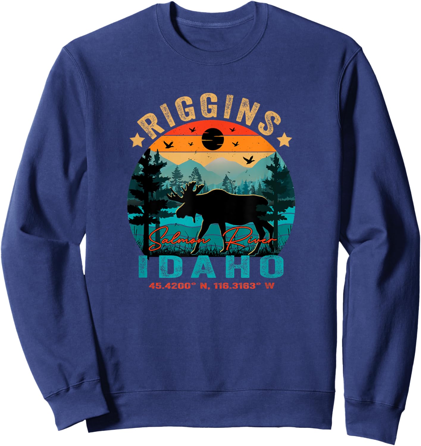 Riggins Idaho ID Retro Sunset Vintage Moose Mountains Sweatshirt - Sweatshirt | Navy